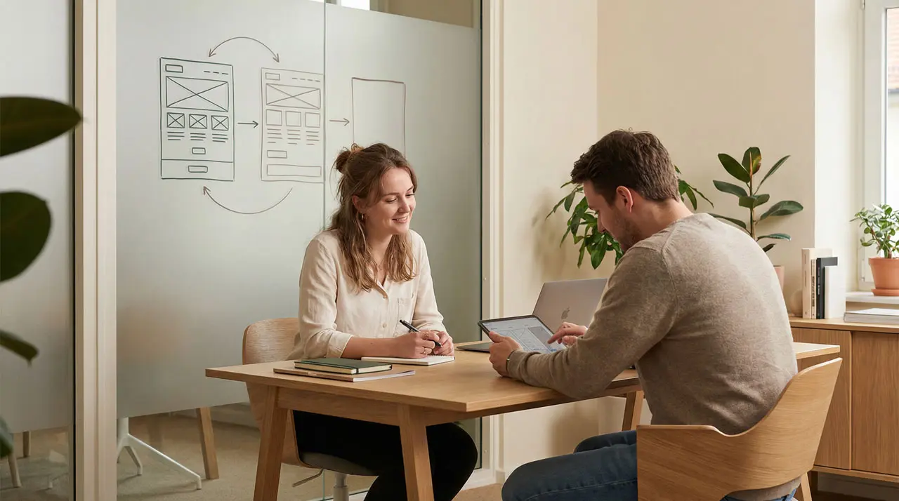 Especialista en UX realizando pruebas de usabilidad con un usuario y un prototipo digital, enfocándose en la empatía y la toma de notas para mejorar la experiencia del producto.