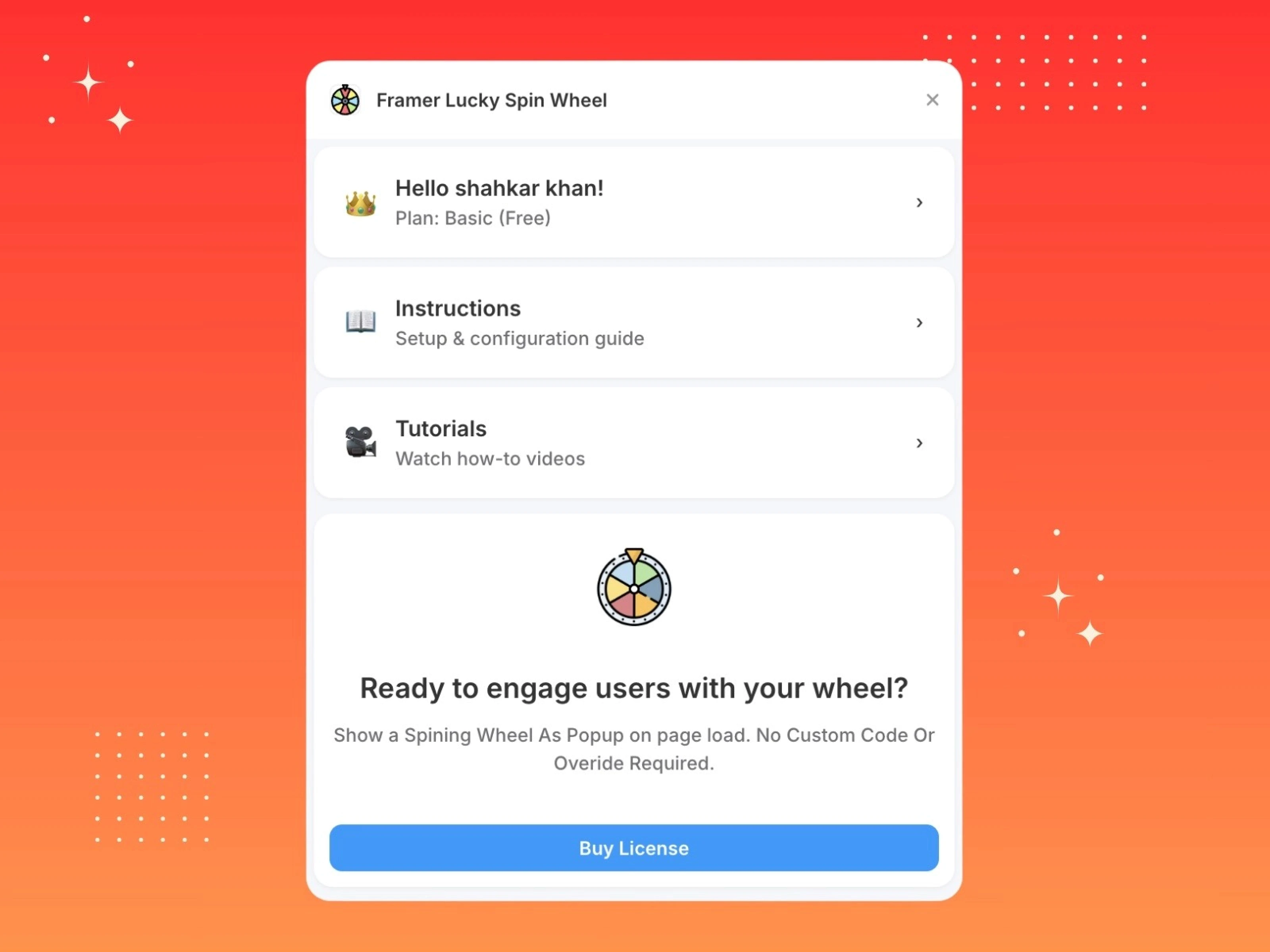 This is a window with the Framer Lucky Spin Wheel setup panel, user guide, and purchase button on an orange gradient background.