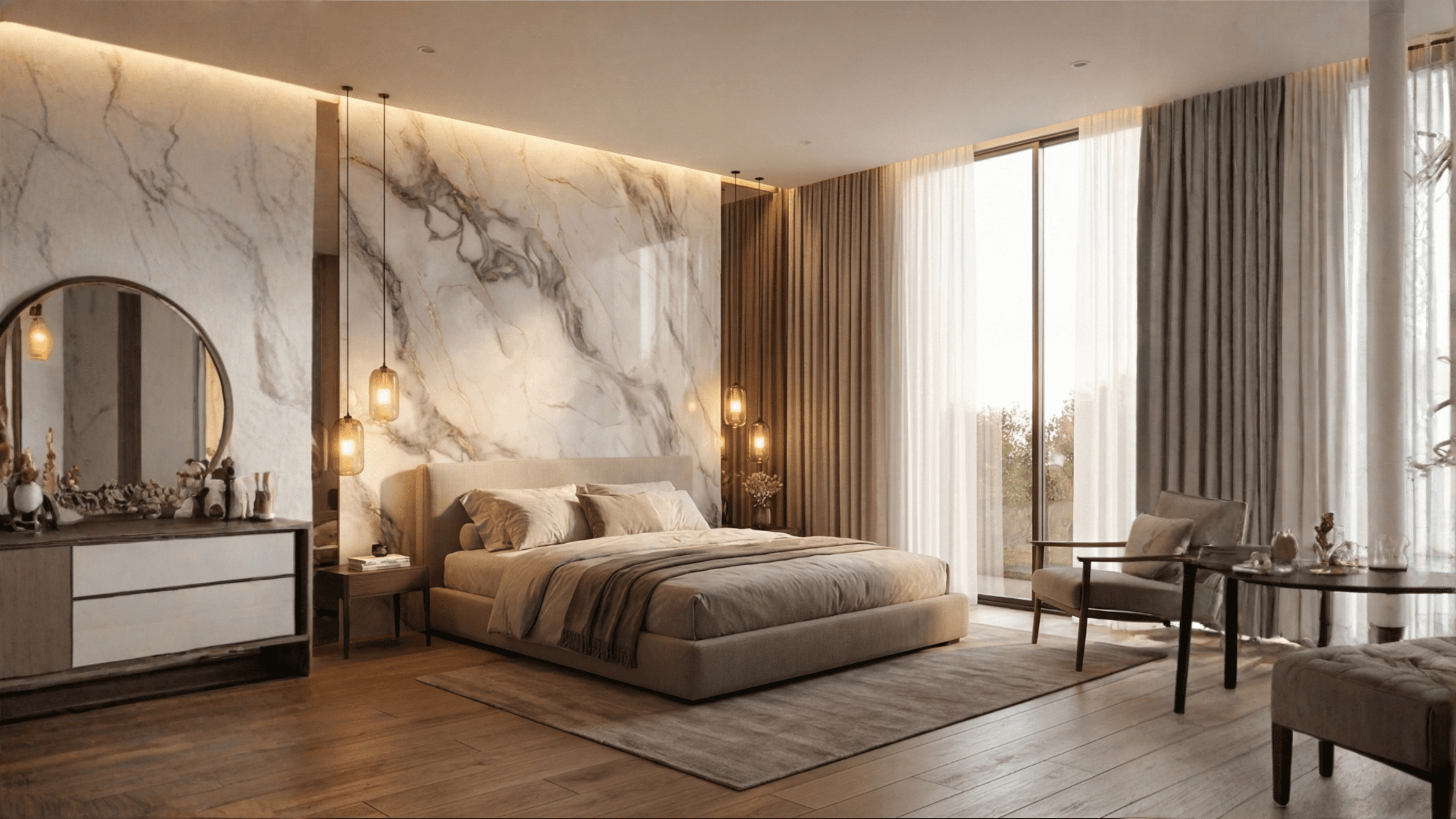 Minimalist living space featuring oak flooring, timber wall panels and panoramic windows with natural light.