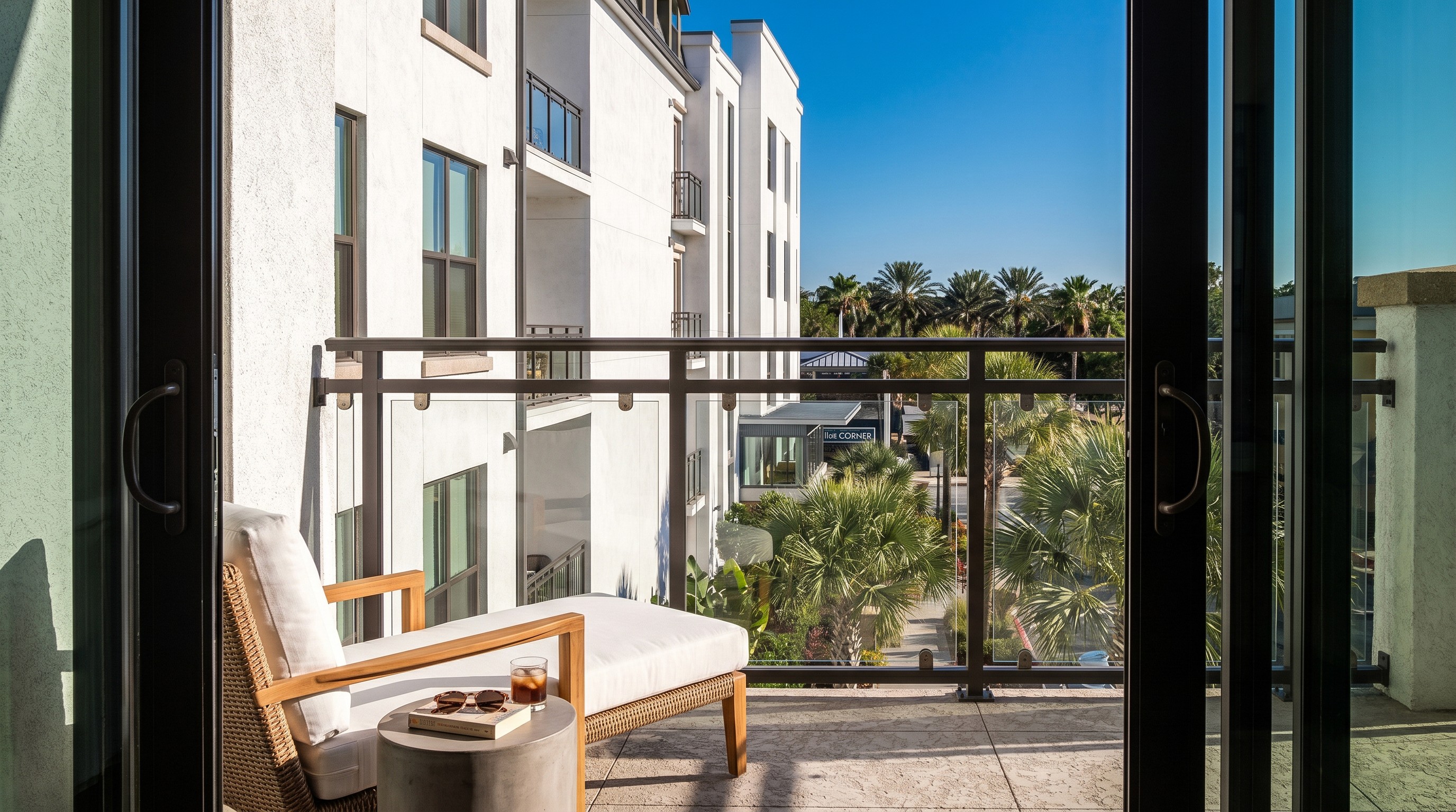 View from inside a private apartment balcony through open glass French doors, showing a teak lounge chair, black metal railings, and a landscaped courtyard with mature palm trees and a white stucco mid-rise residential building beyond under a clear blue sky.