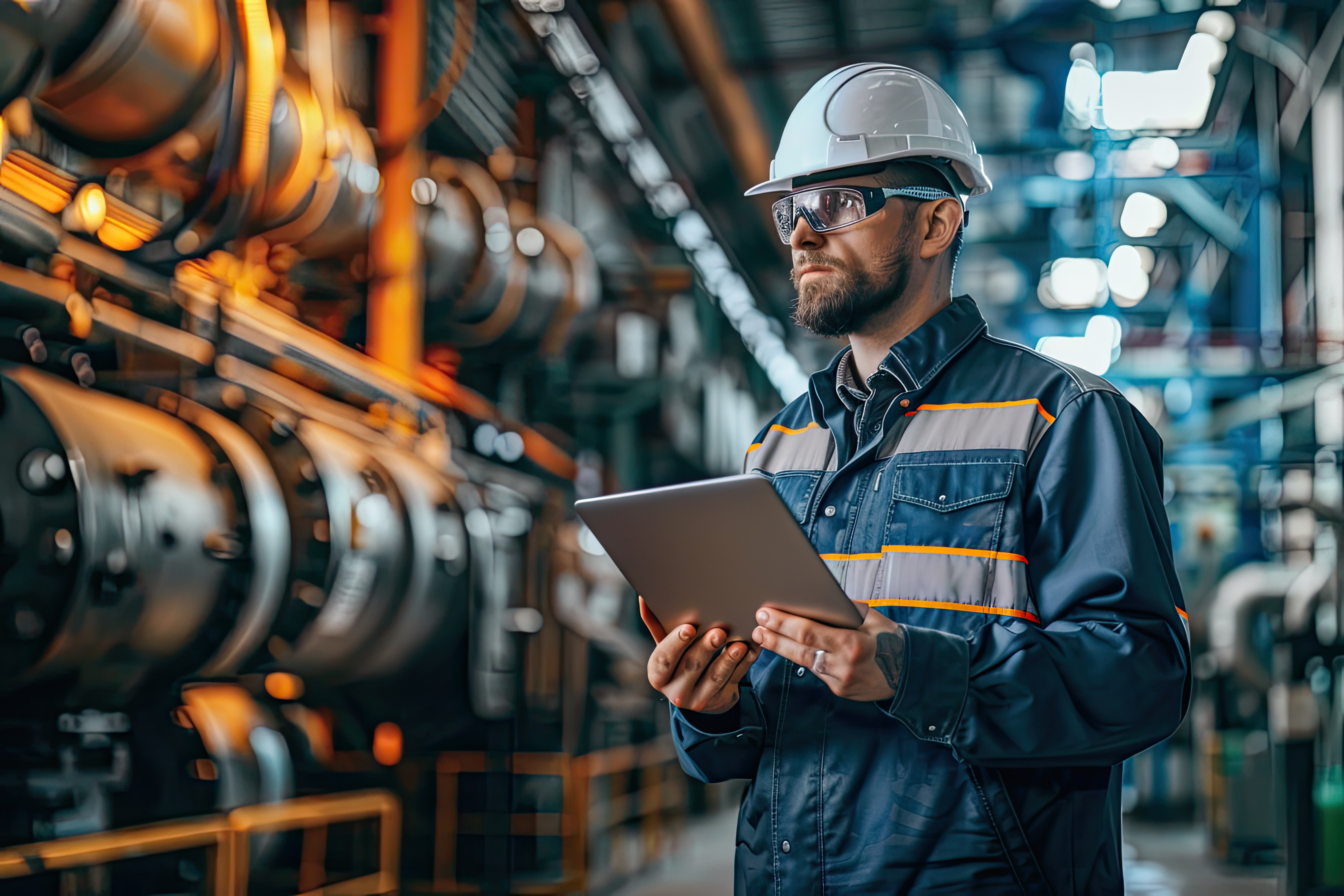 Profissional utilizando tablet para monitorar processos em ambiente industrial.