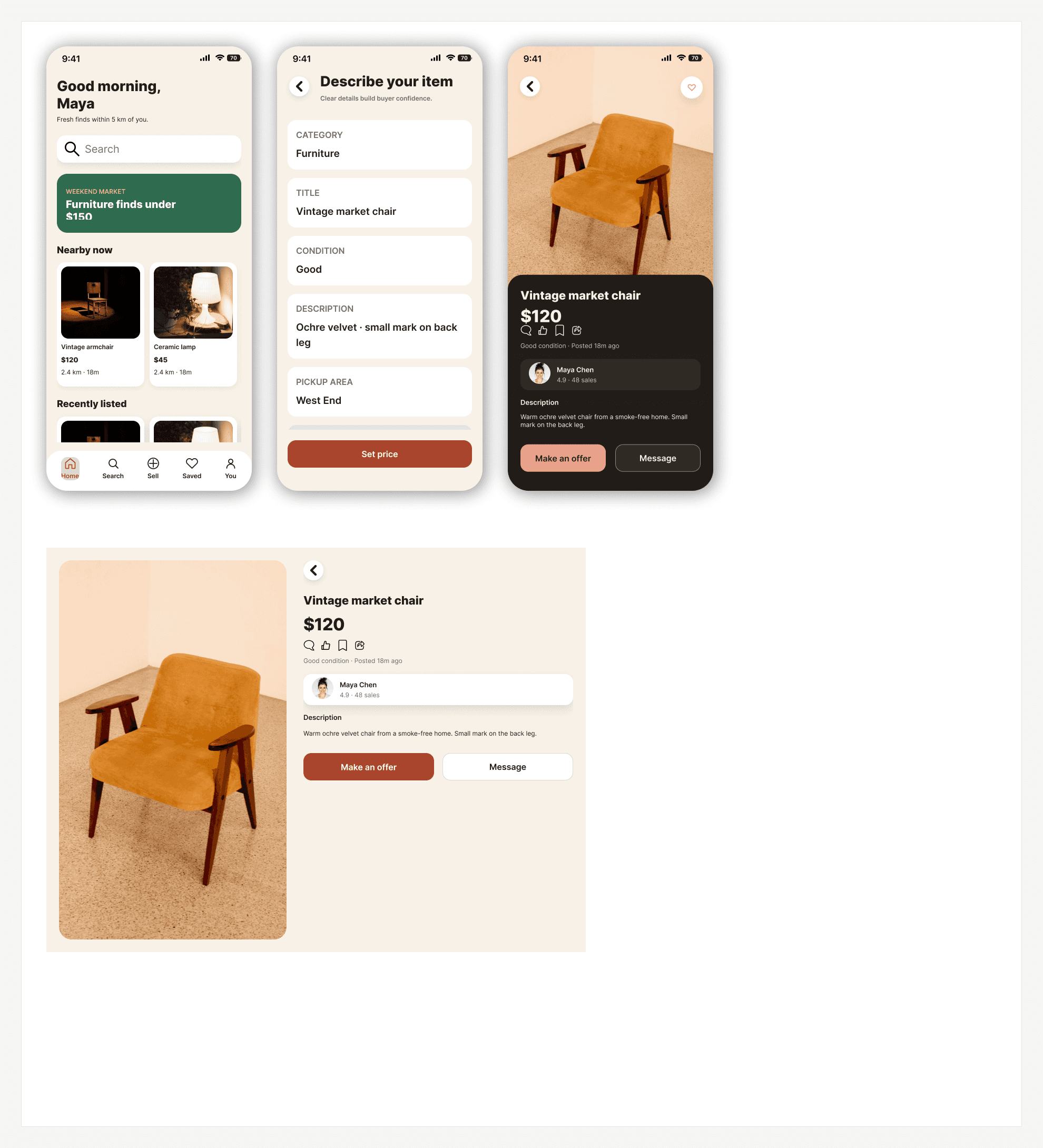 Mercado increased-contrast Home, larger-text listing form, dark listing details and tablet layout examples