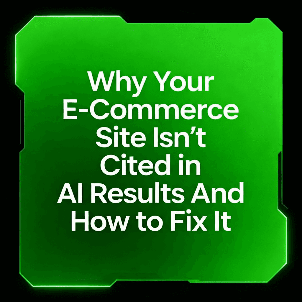 Futuristic green digital background featuring the bold white headline text 'Why Your E-Commerce Site Isn’t Cited in AI Results And How to Fix It', designed for a GEO-focused blog cover.