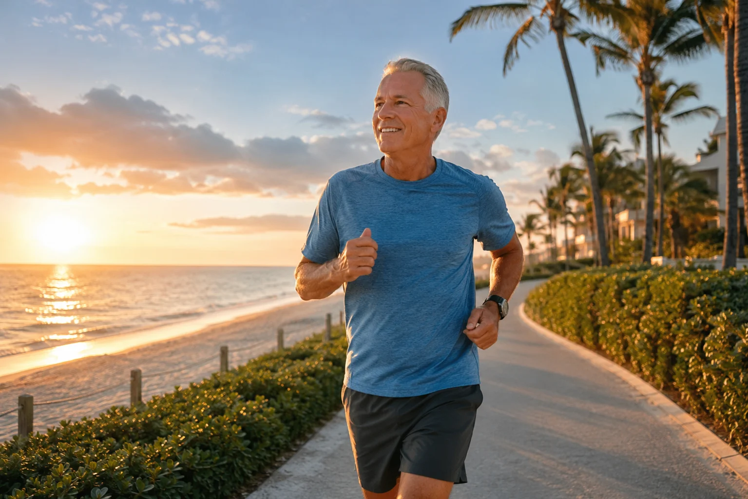 Florida Orthopedic & Spine Institute patient resource, active adult jogging on a coastal path in Naples, Florida