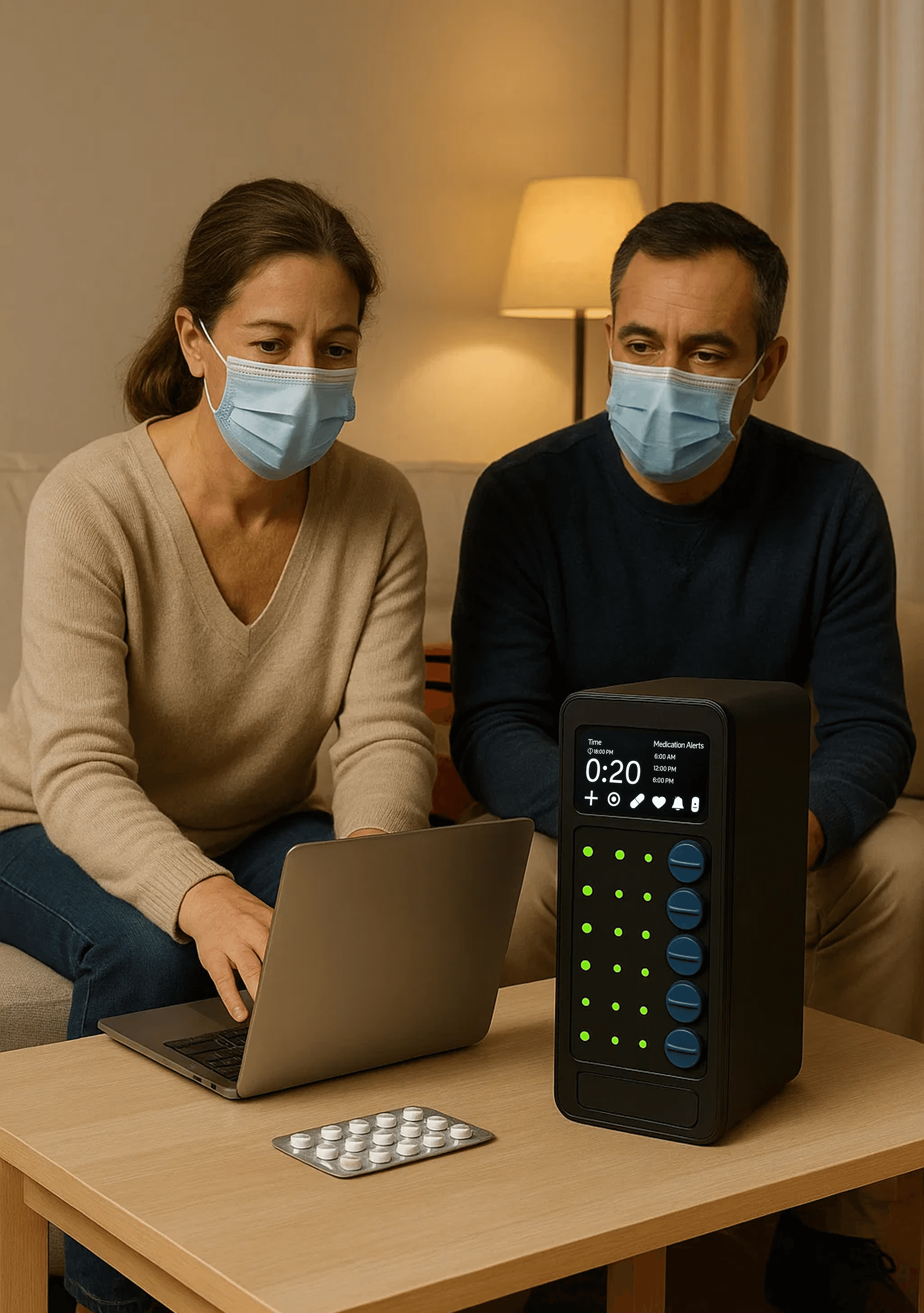 Paziente e familiare con mascherine programmano allarmi sul dispositivo