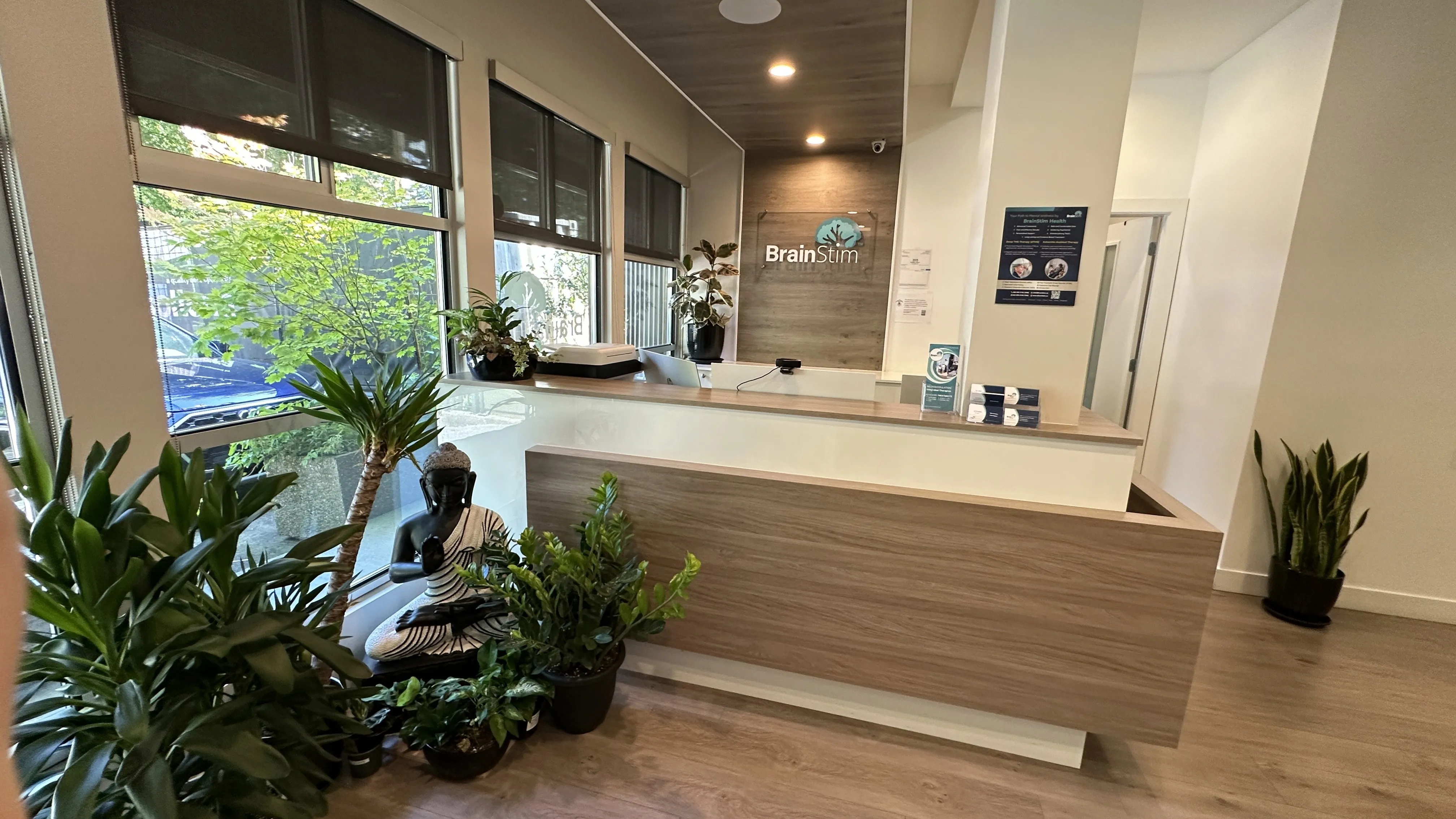Reception area window ledge with a Buddha statue surrounded by potted plants