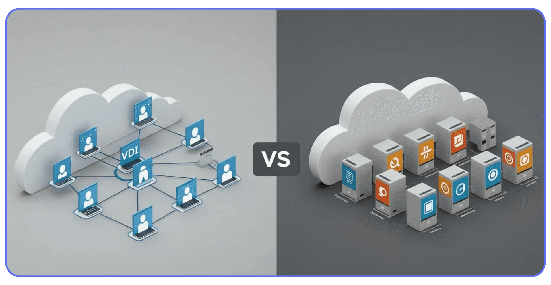 Diagram comparing VDI architecture with individual virtual machines in a cloud computing environment