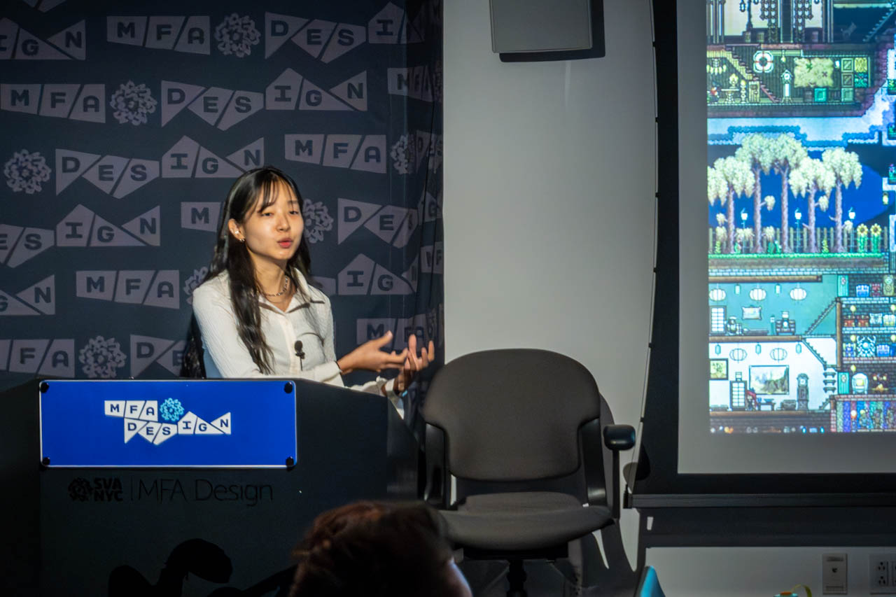 Woman at a podium delivering a presentation