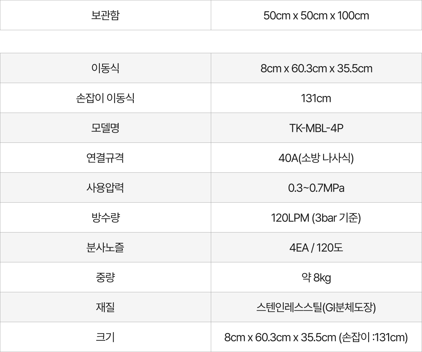 더키퍼 이동식 하부 살수 장치 제품사양