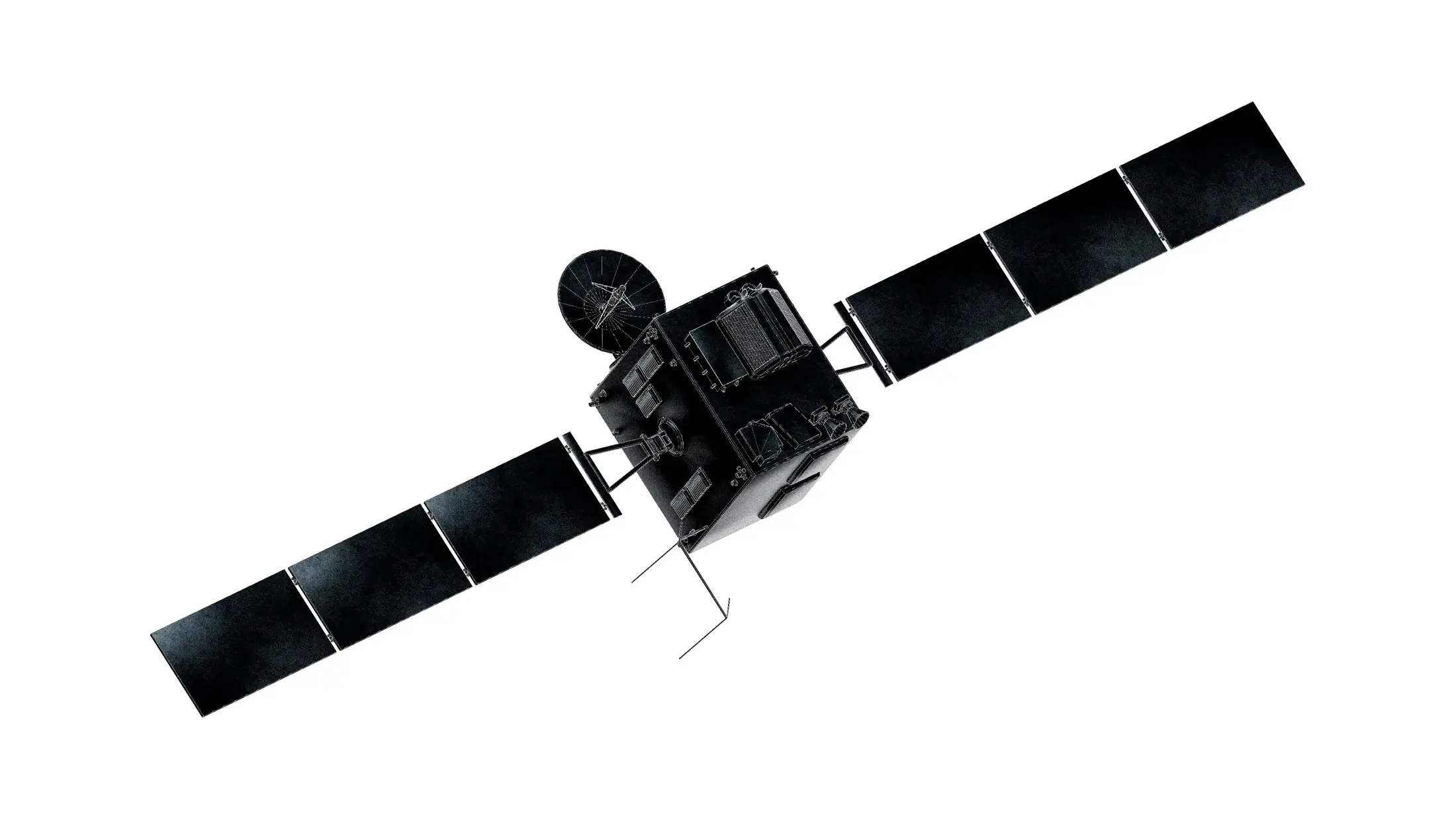 3D render of a LEO satellite with solar panels — BotBlox radiation-resilient networking and compute infrastructure for space systems