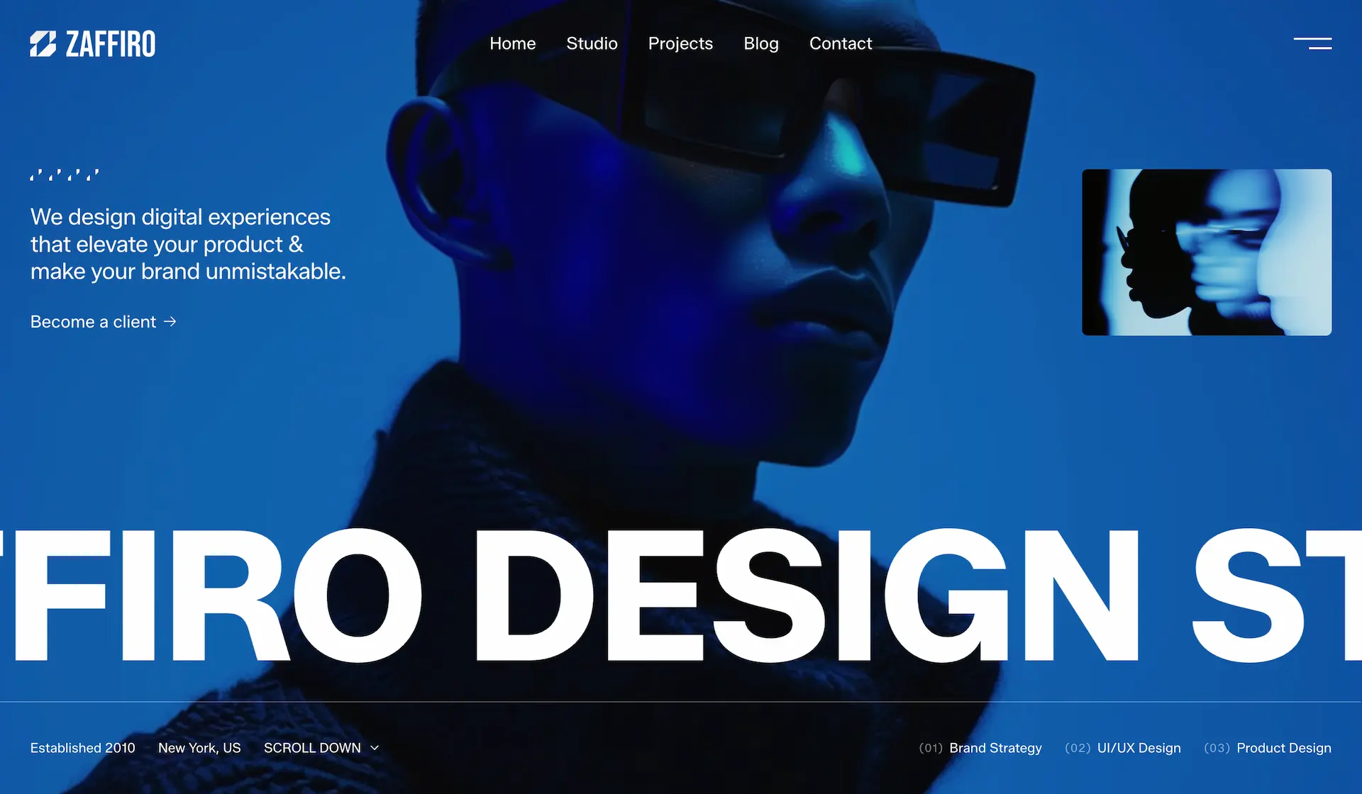 Zaffiro Design: Modern agency website with a man wearing sunglasses and bold typography.