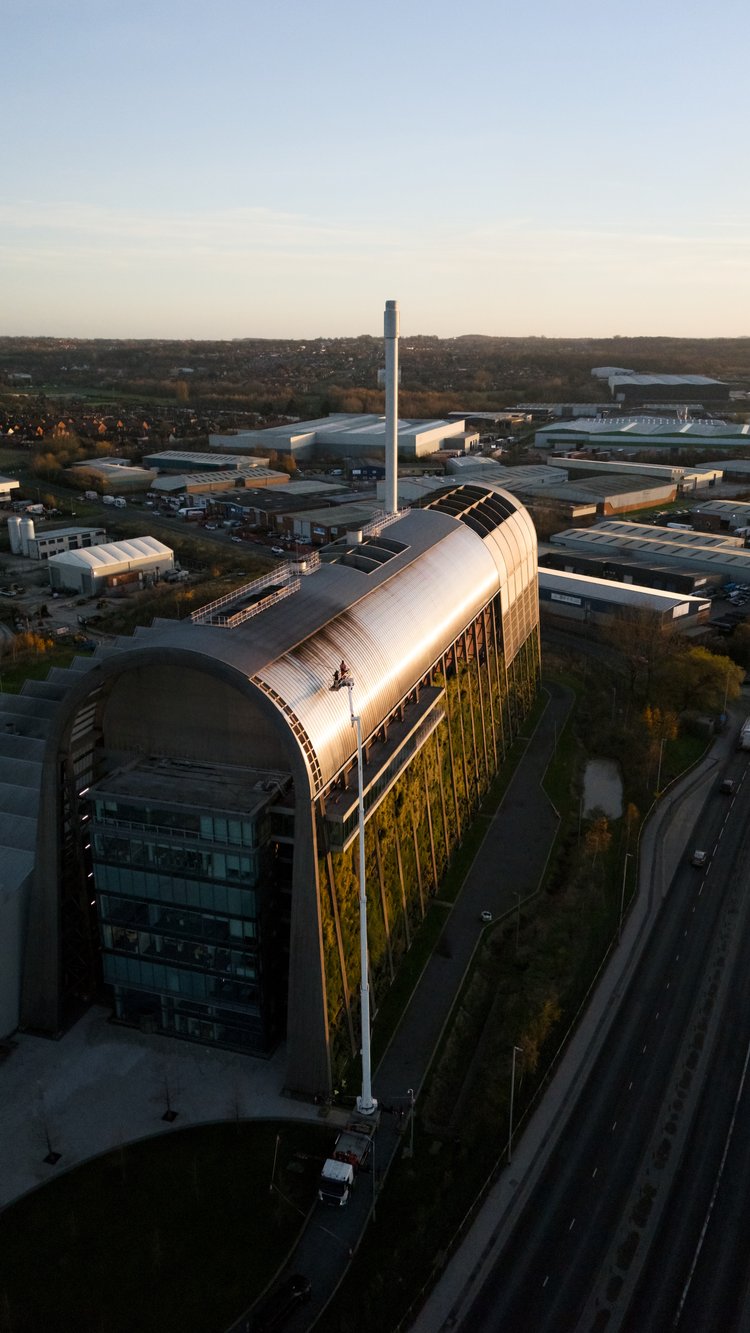 A high-quality aerial image of a corporate facility serviced by Penguin FM, reinforcing their capacity to handle large-scale projects.