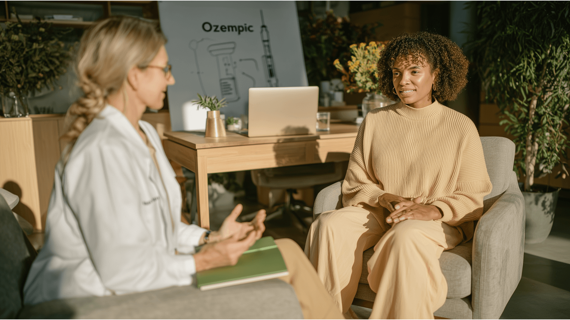 Profissional de saúde em consulta com paciente diante de um painel sobre Ozempic, ilustrando o acompanhamento multidisciplinar em clínicas que usam a Tivita no tratamento de obesidade com canetas emagrecedoras.