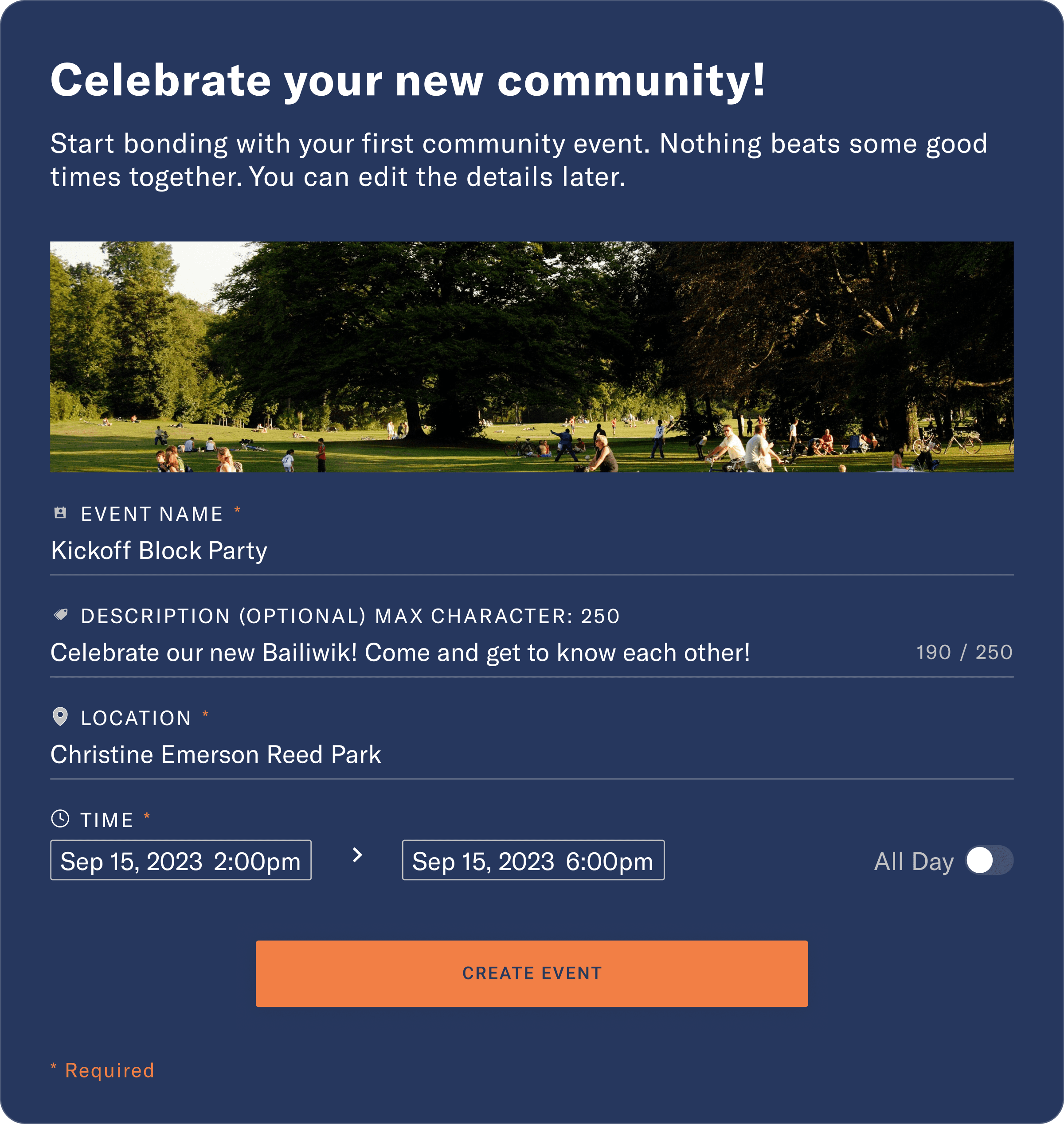 Web app screen: Hosts are prompted to organzie their first community event