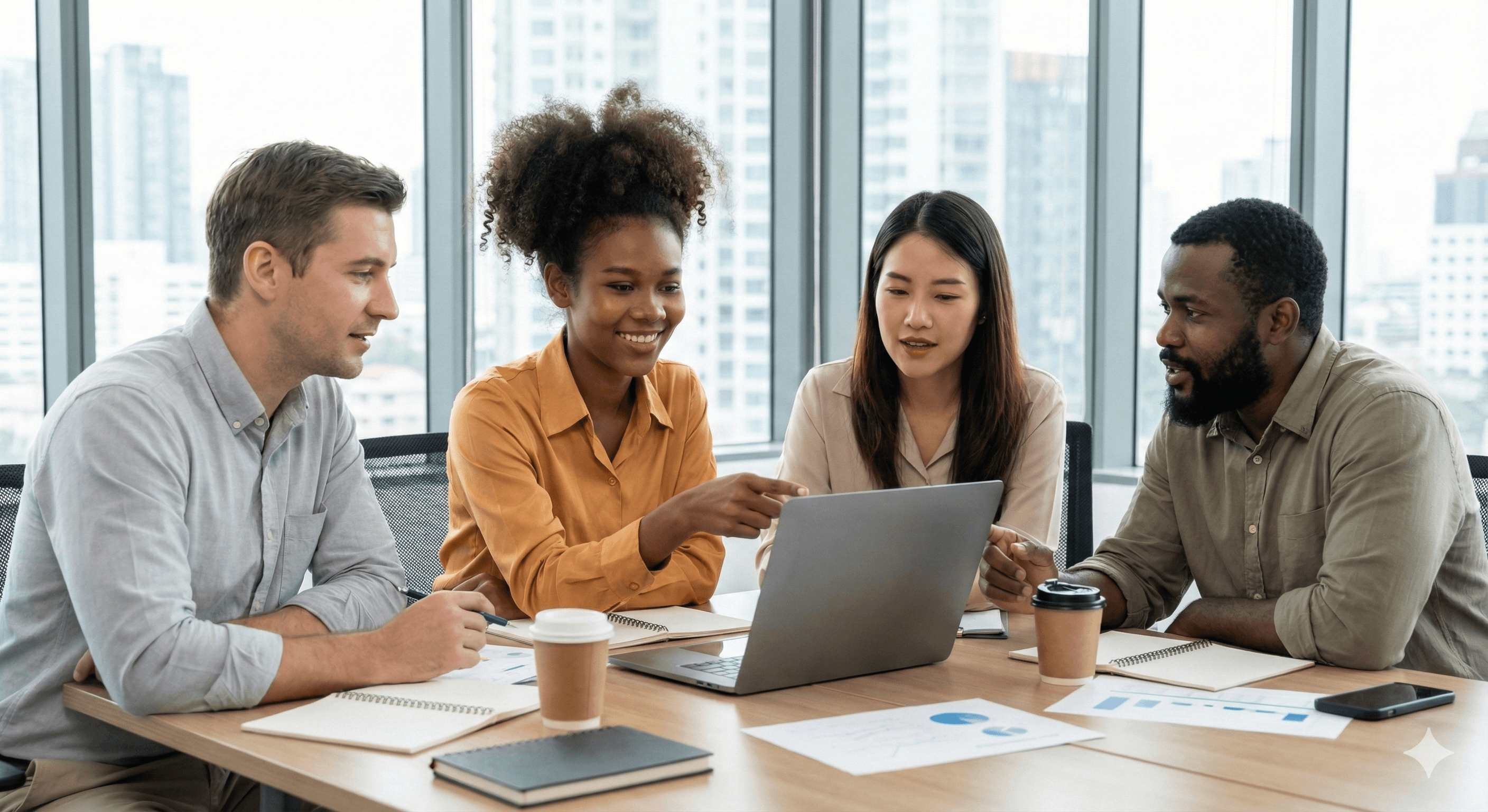 Diverse team of financial professionals collaborating on data analysis using a laptop in a modern high-rise office.