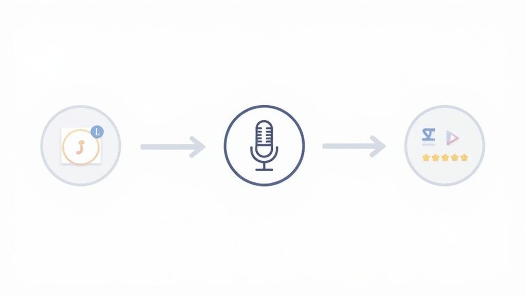 Diagram showing a musical note document transforming into audio recording, then into a rated media file.