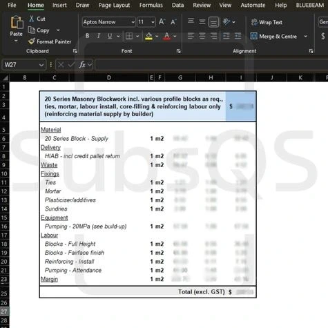 screenshot of excel workbook with first-principles rate buildup data blurred by SubsQS