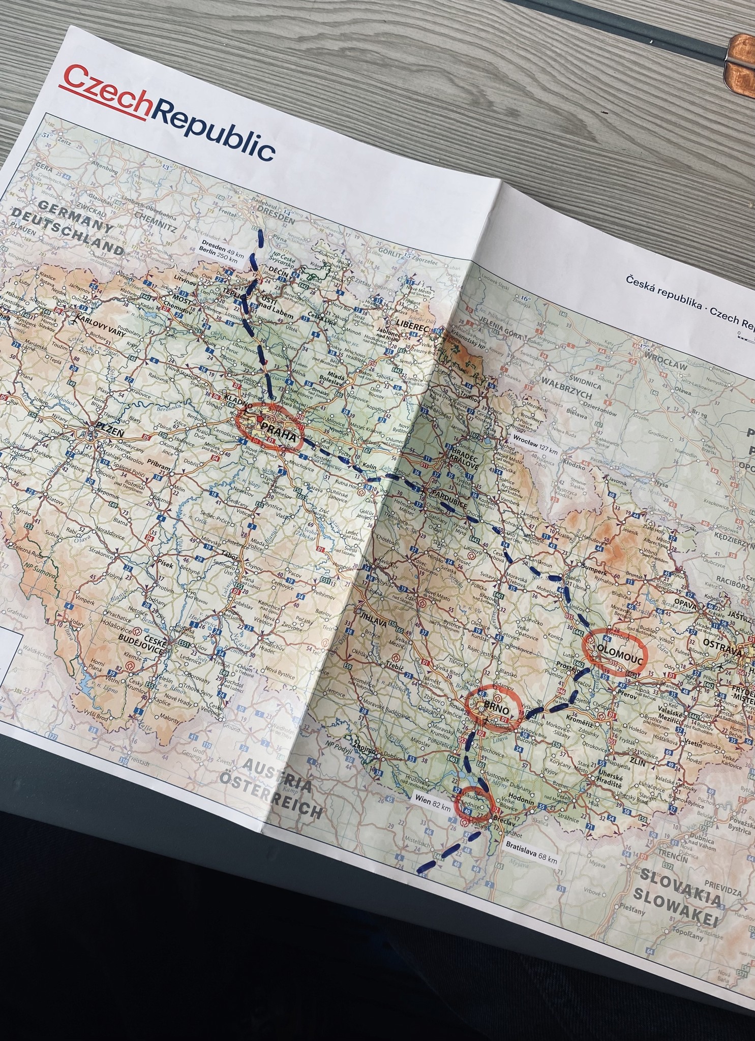 Paper map of Czechia with a route marked out in pen
