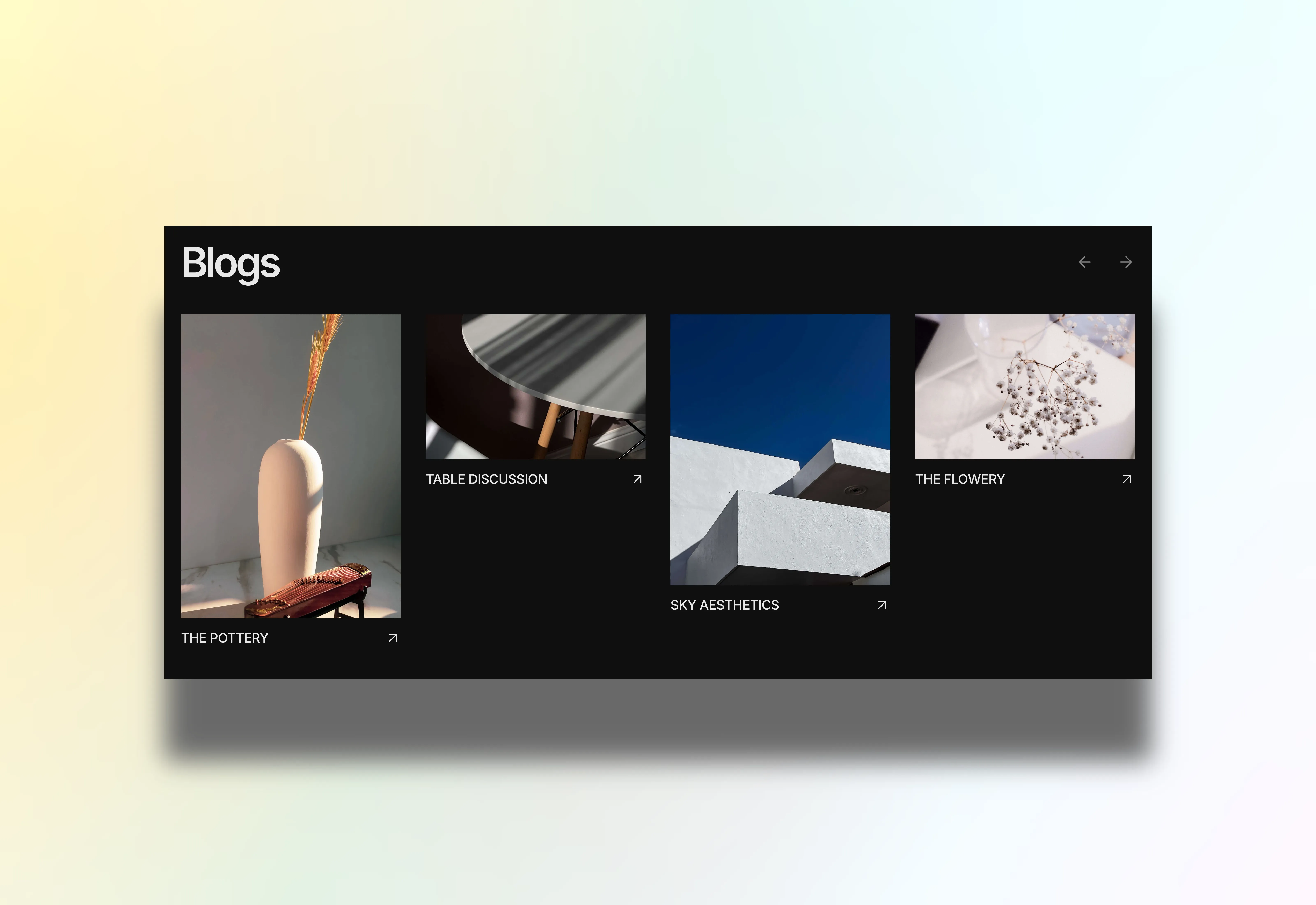 Minimal and bold blog index page hero section in dark theme for large screens.