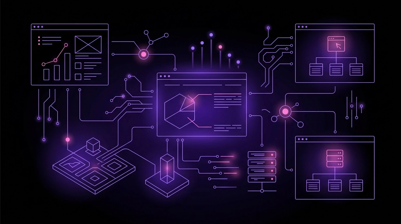 A futuristic, technical blueprint vector illustration showing a website's structural health. Luminous violet outlines and soft diffused glows indicate 'healthy' nodes, while subtle magenta accents highlight areas needing optimization. Minimalist and sleek.