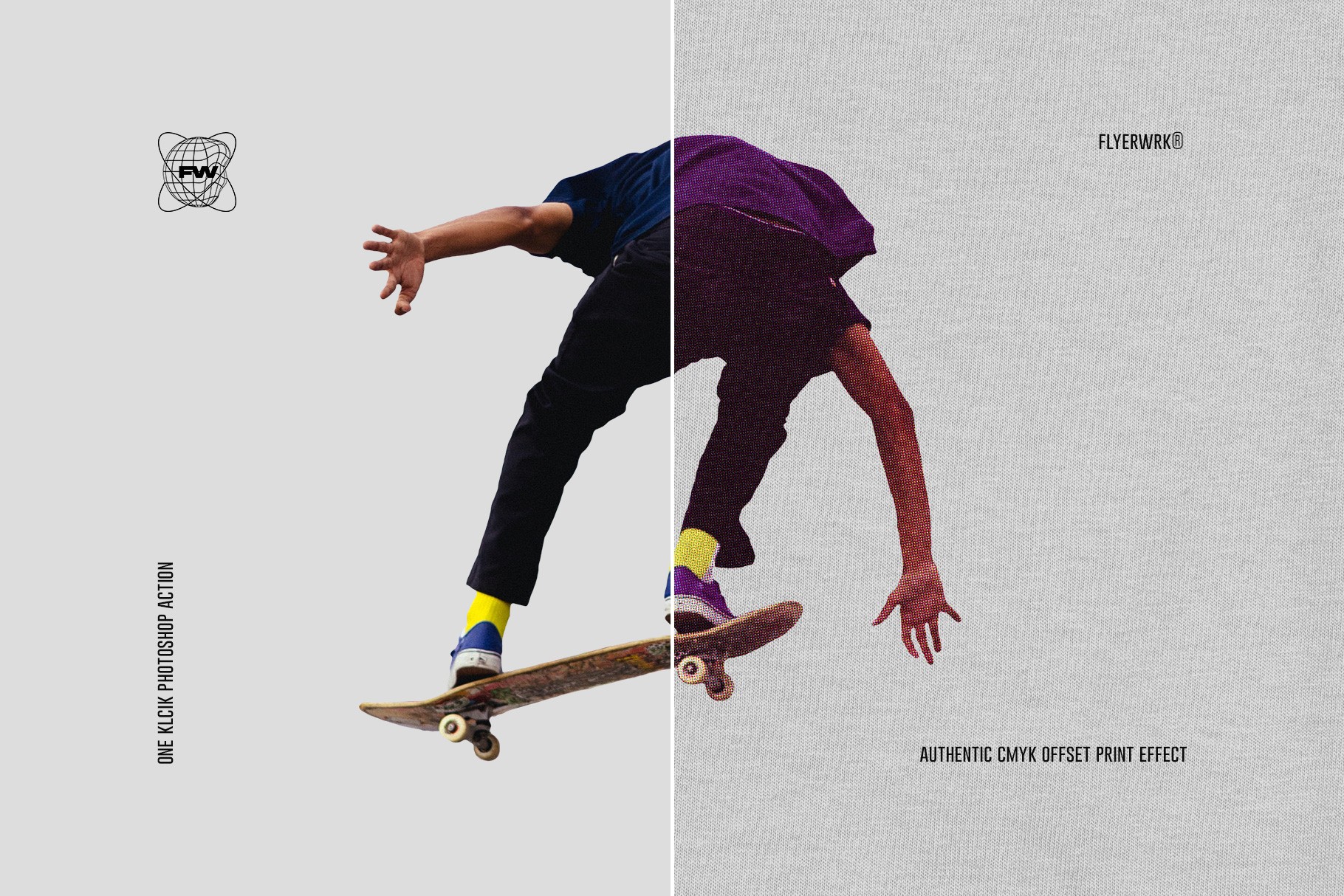 Skateboarder image demonstrating the one click photoshop action for creating authentic cmyk offset print looks