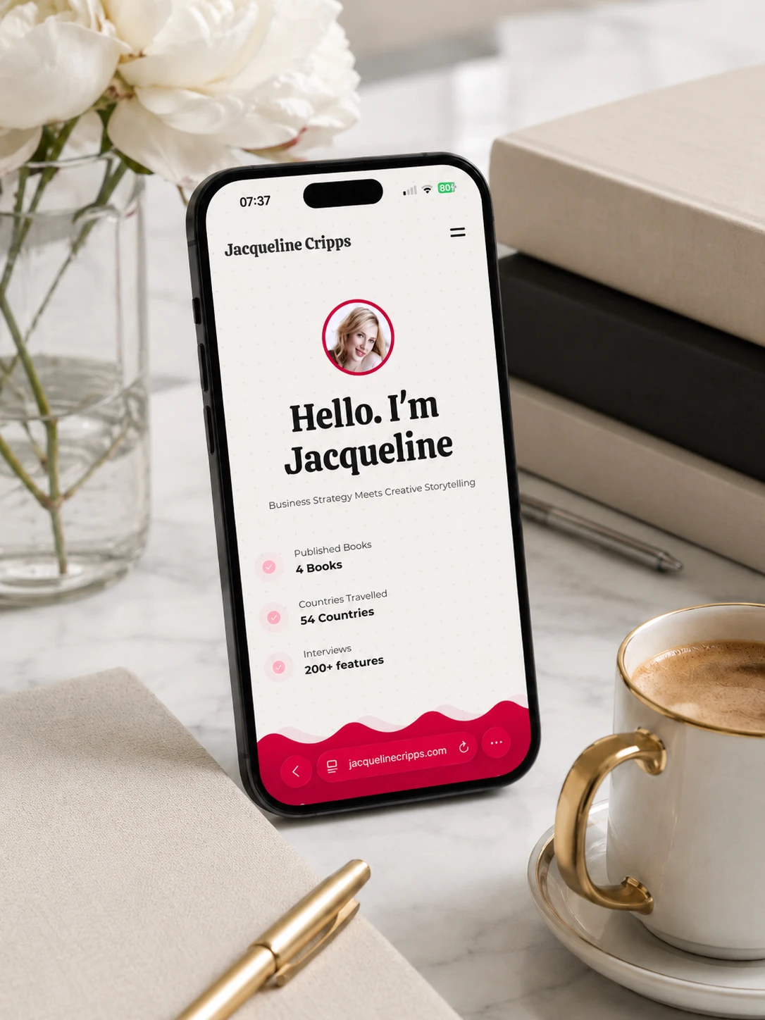 Jacqueline Cripps personal portfolio website on phone.