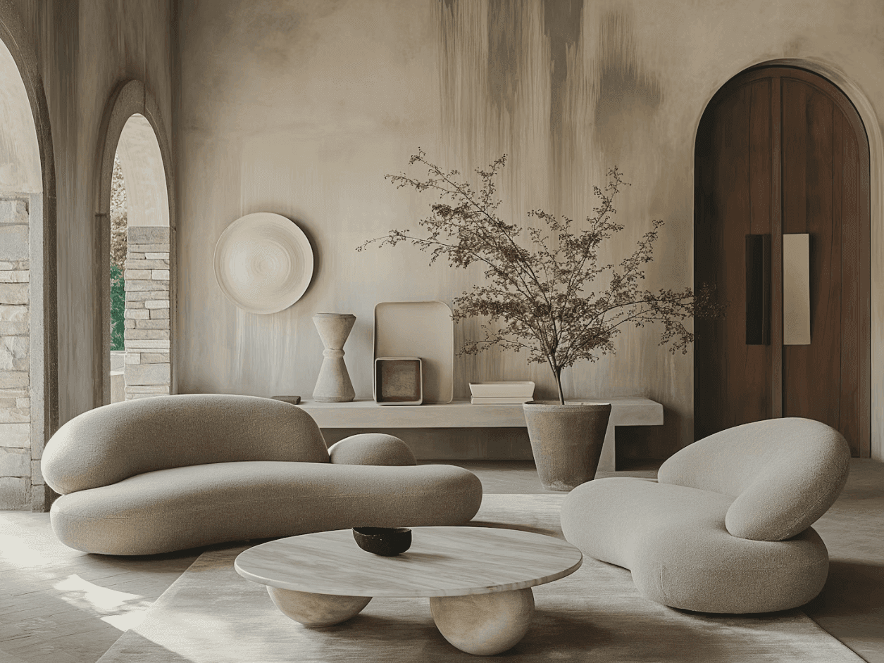Neutral toned living room with organic curved furniture and warm natural light