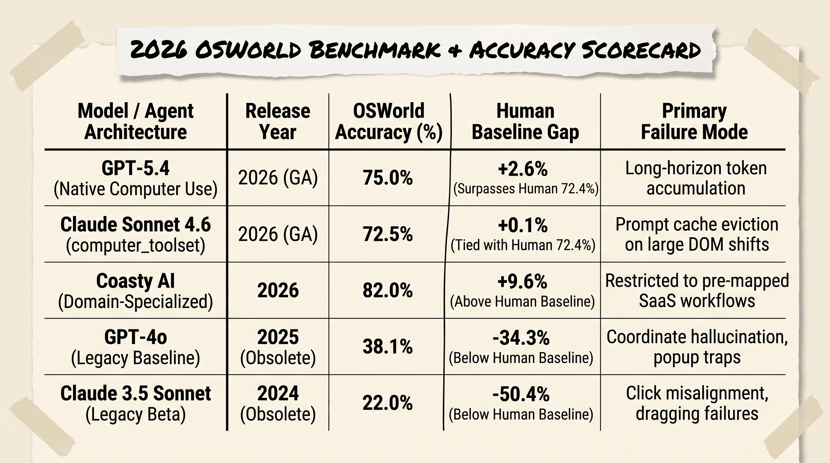 Benchmark scorecard comparing 2026 OSWorld desktop automation accuracy across GPT 5 4 Claude Sonnet 4 6 Coasty and human baselines