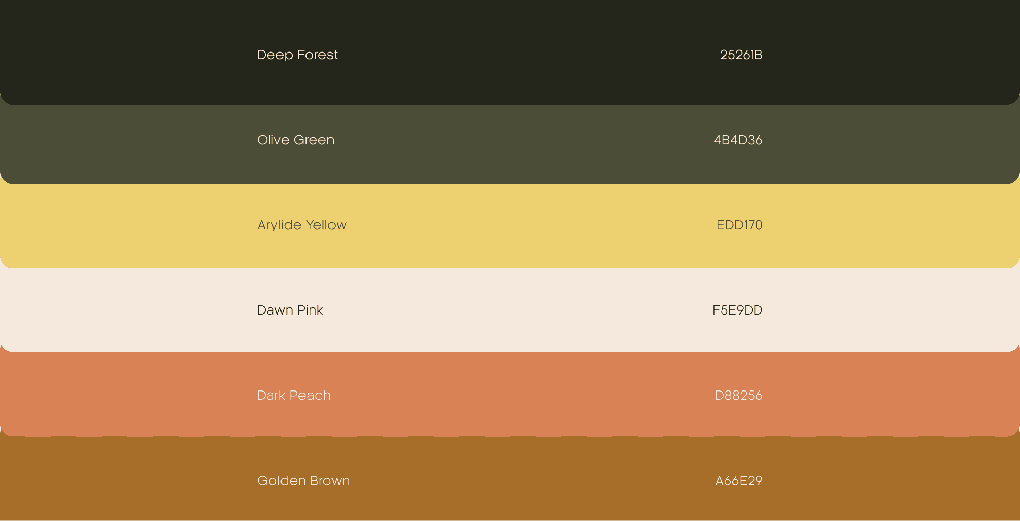 A technical brand color guide showing six swatches: Deep Forest, Olive Green, Arylide Yellow, Dawn Pink, Dark Peach, and Golden Brown, including their respective hex codes.