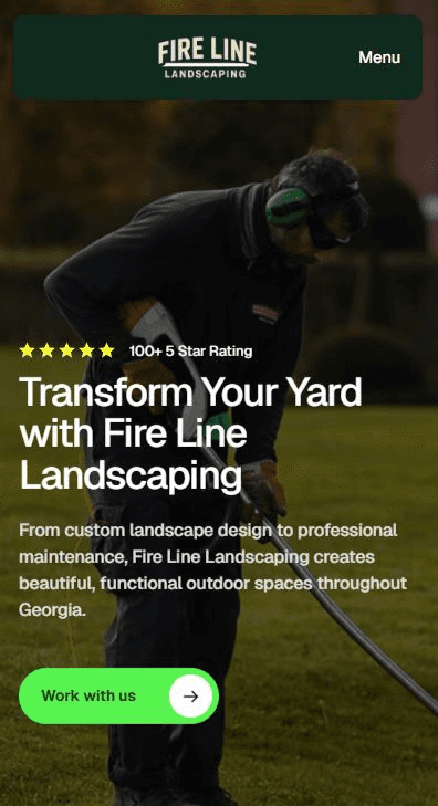 Mobile homepage mockup of Fire Line Landscaping website showing responsive design and landscaping services on smartphone
