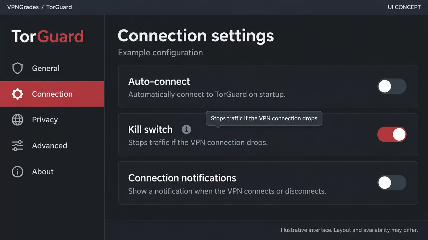 TorGuard: connection settings with a kill switch control (illustration).