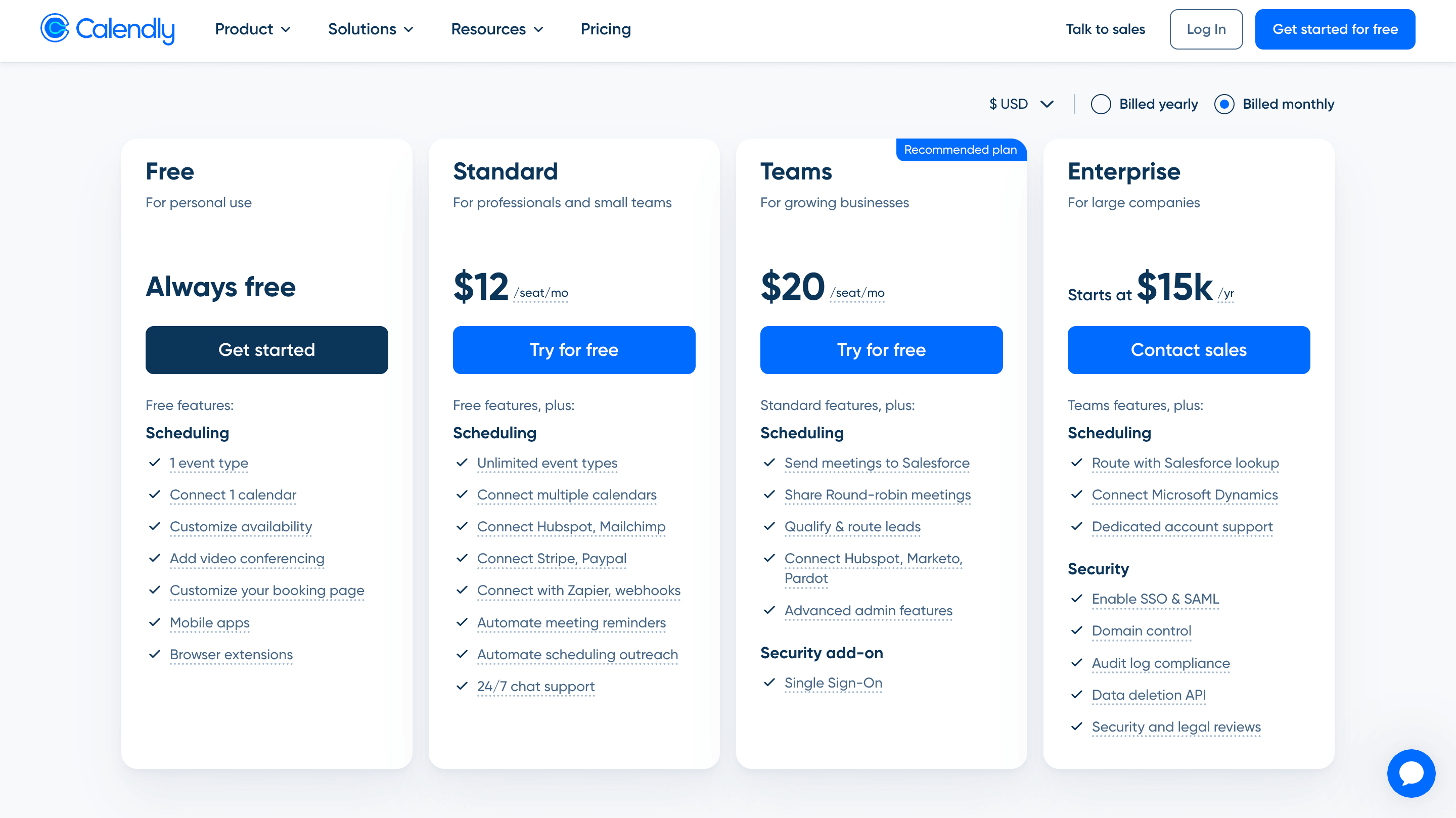 Calendly pricing page showing subscription plans and feature comparisons