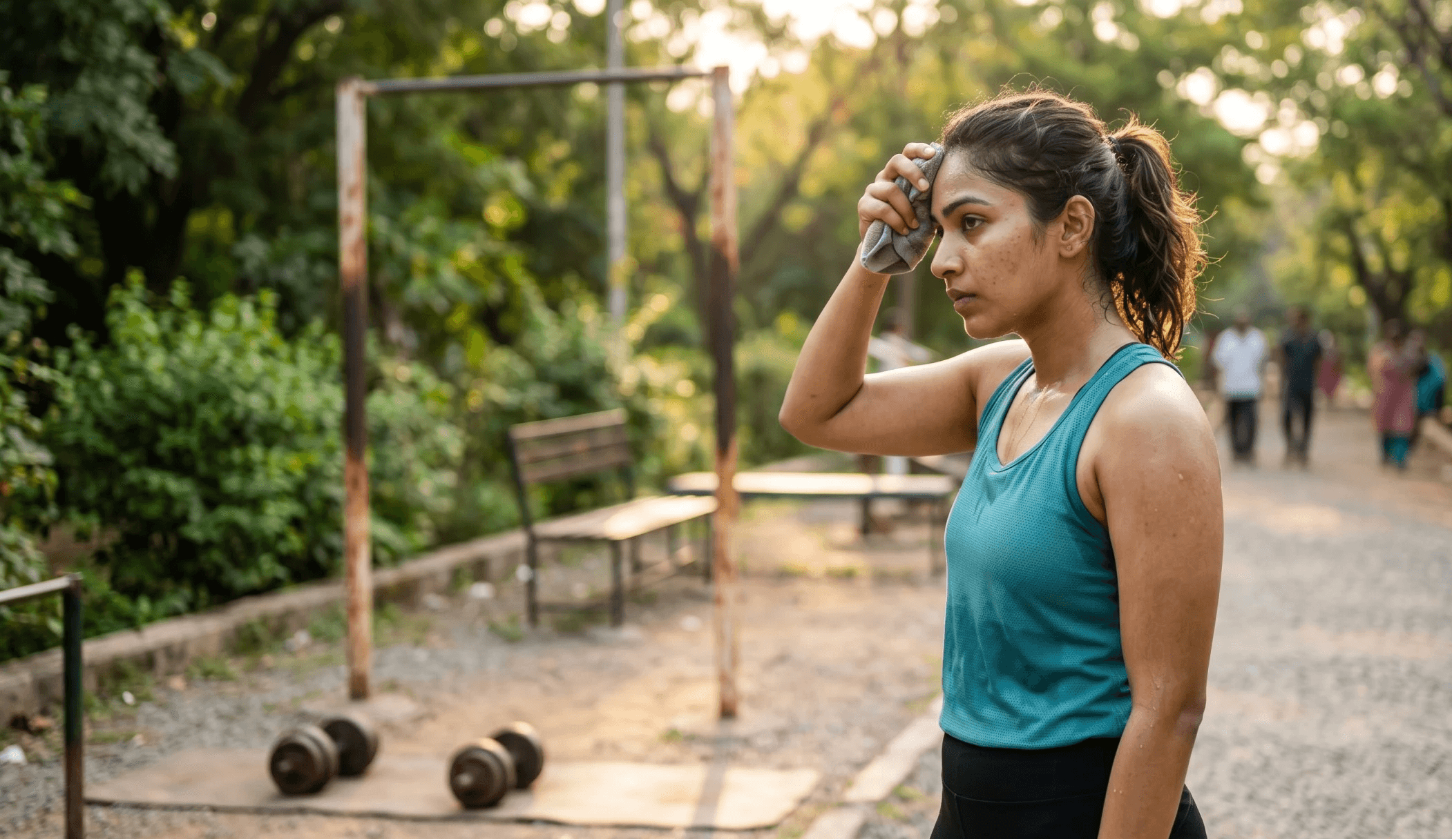 A woman with pcos tired after exercise lost in some deep thought