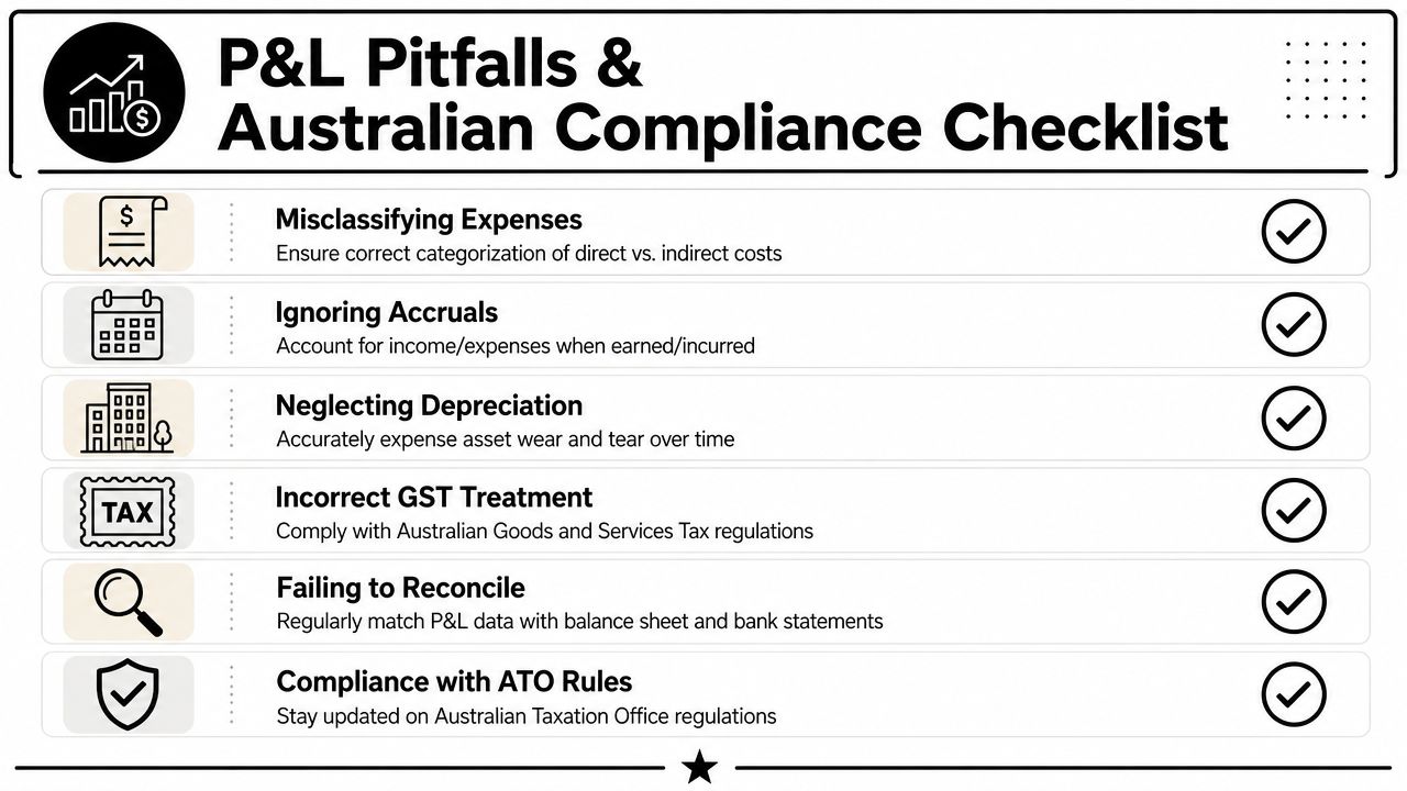 An infographic checklist outlining common P&L pitfalls and Australian tax compliance requirements for business financial management.