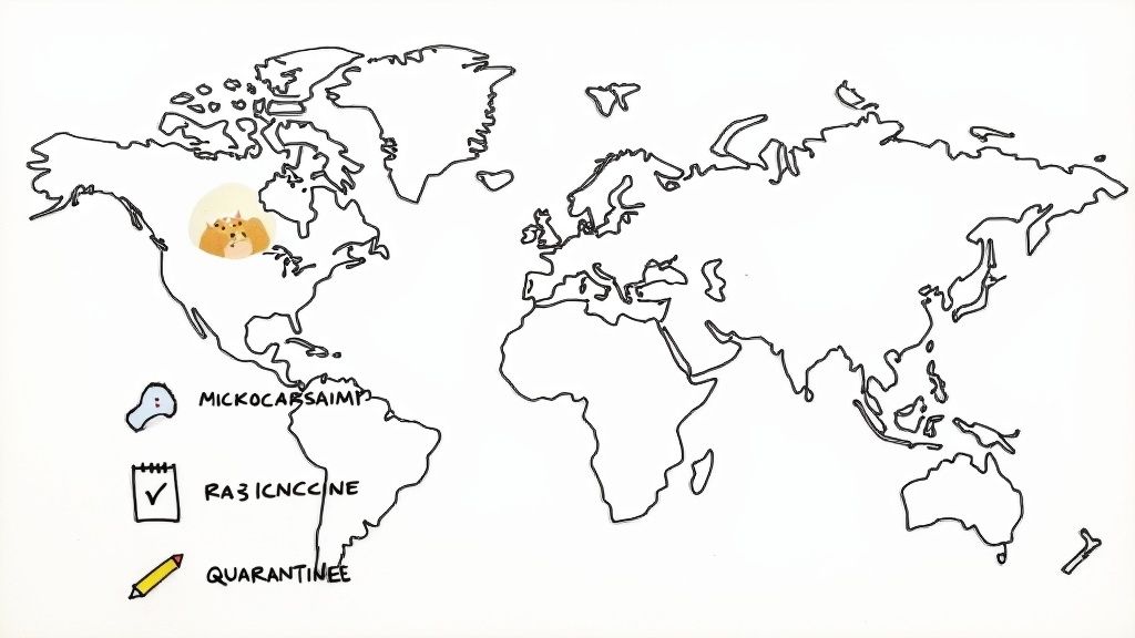 A person looking at a world map with their dog, planning a trip.