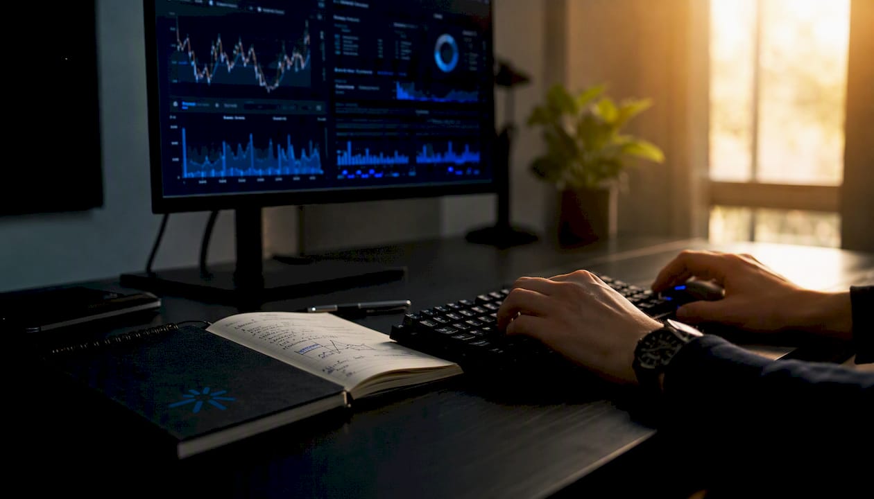 Hands operating multi-screen quantitative analysis station