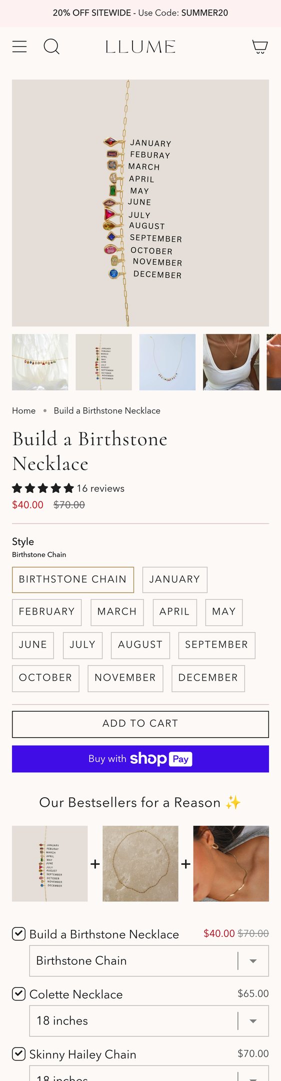 Jewelry product options include: necklace, pendant, birthstone for Build a Birthstone Necklace from LLUME Jewelry.