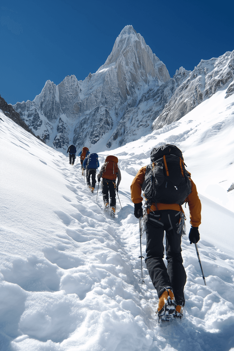Mountaineers hiking up a snowy mountain toward a sharp peak.