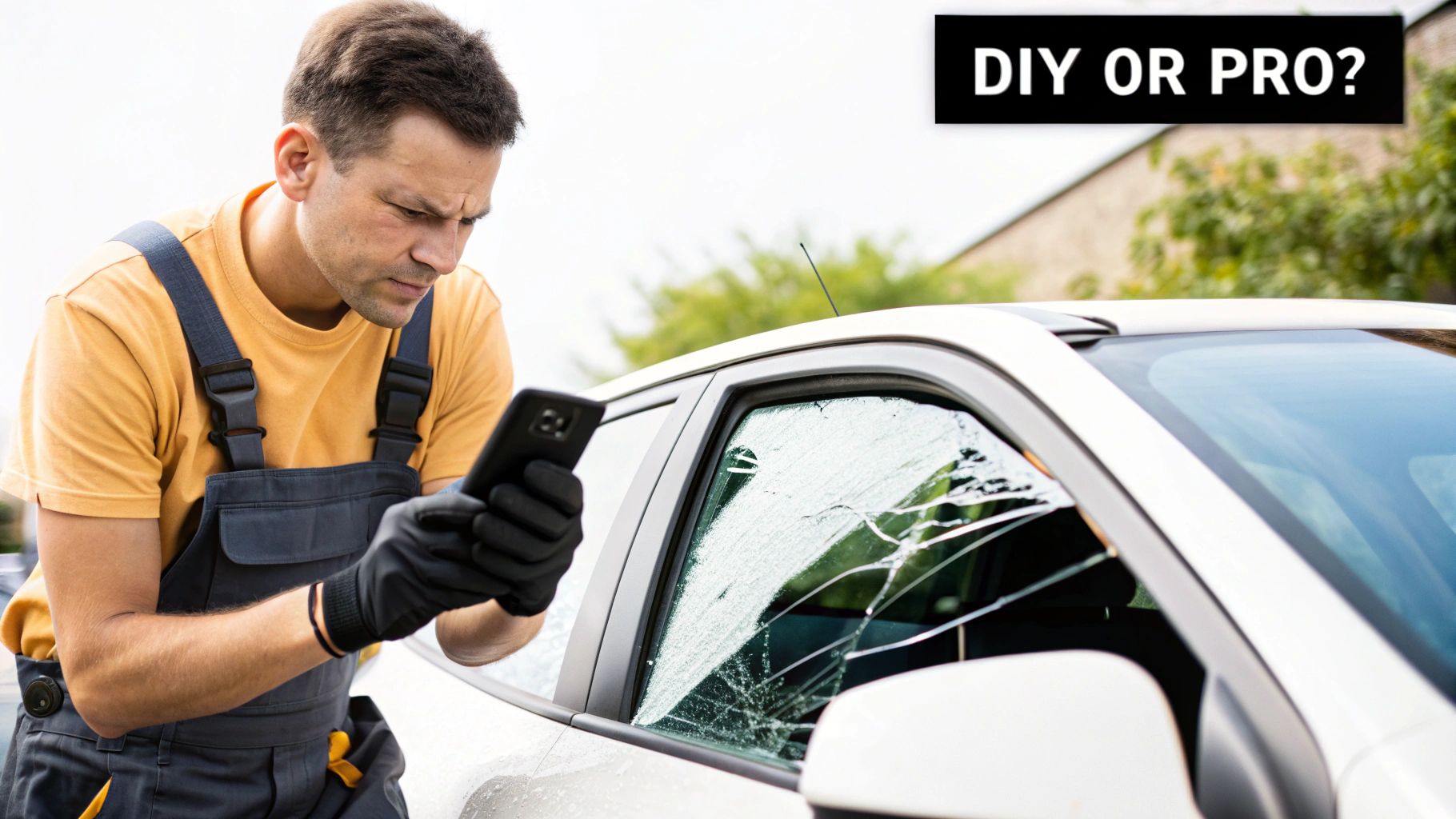 A man in work overalls looks at his phone next to a car with a shattered side window, with a 'DIY OR PRO?' text overlay.