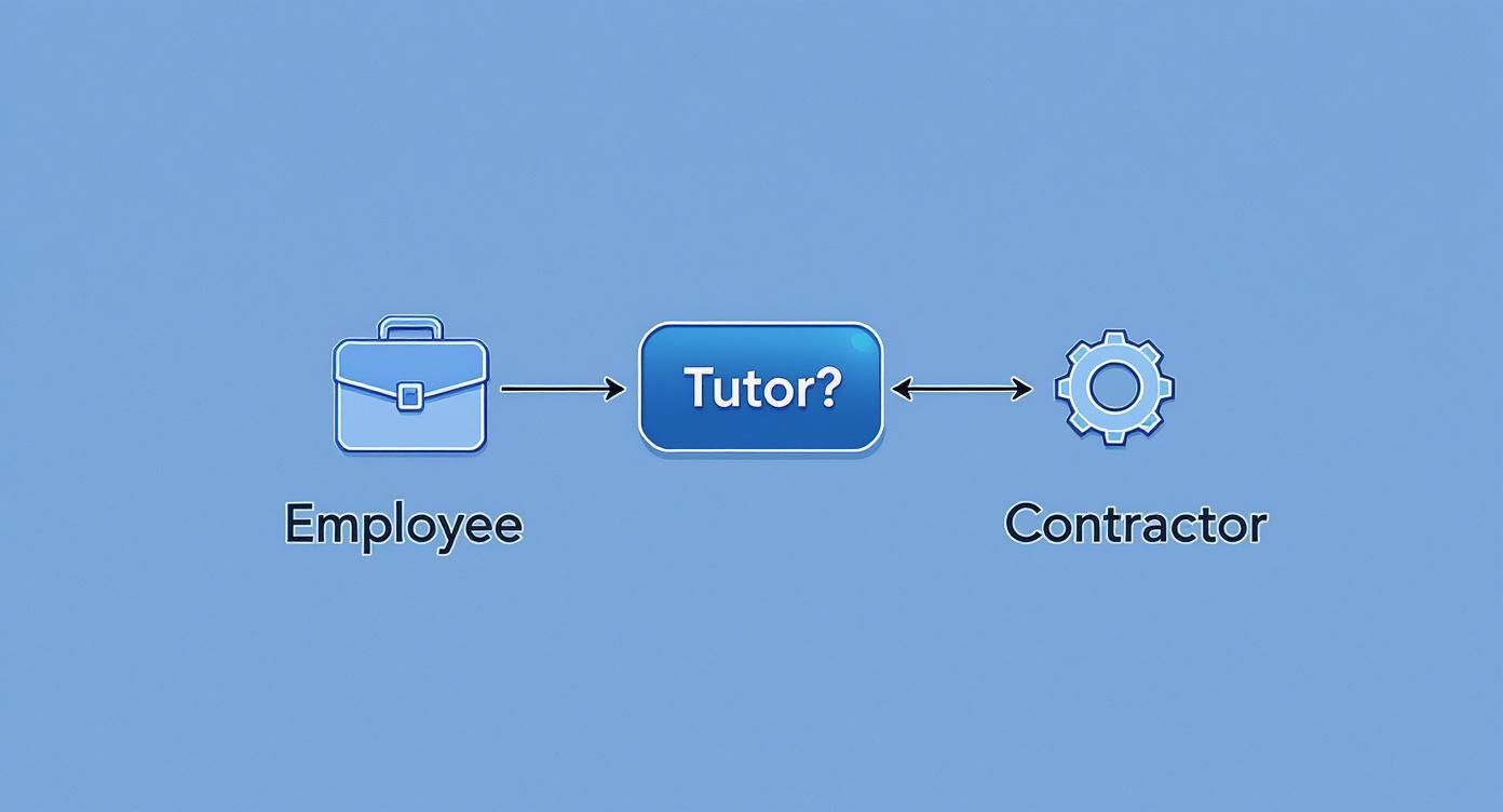 Diagram illustrating a tutor's employment status: employee (briefcase) or contractor (gear) with question.