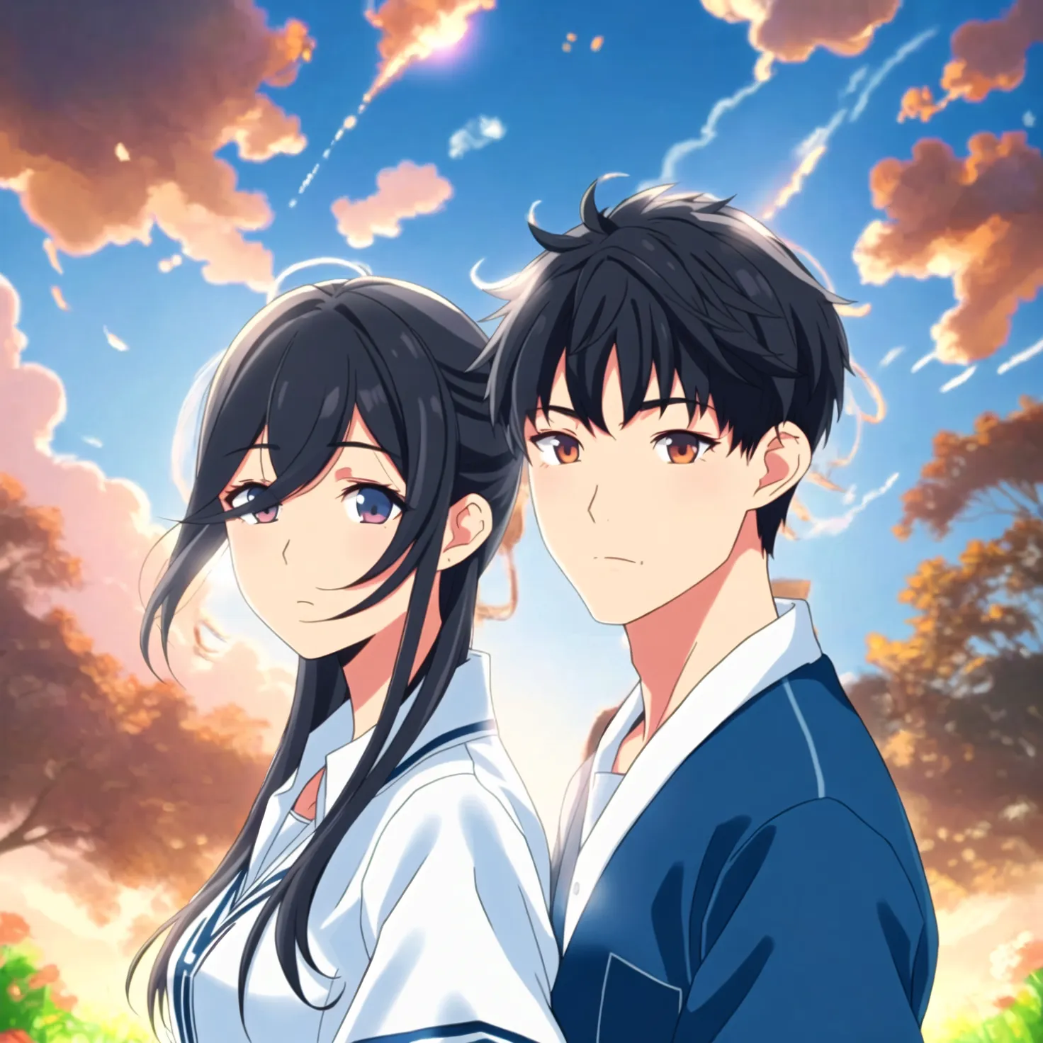 Anime character couple at forest. Image generated by AI using Fuzer