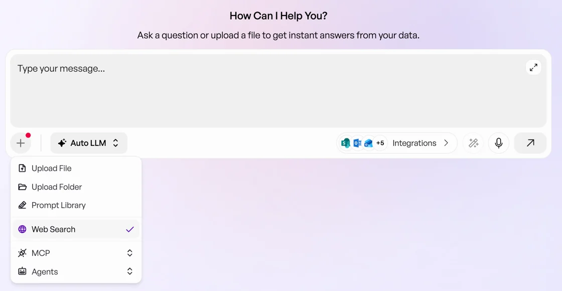 Chat-Eingabefeld im neuland.ai HUB mit geöffnetem Plus-Menü: Upload File, Upload Folder, Prompt Library, Web Search, MCP und Agents