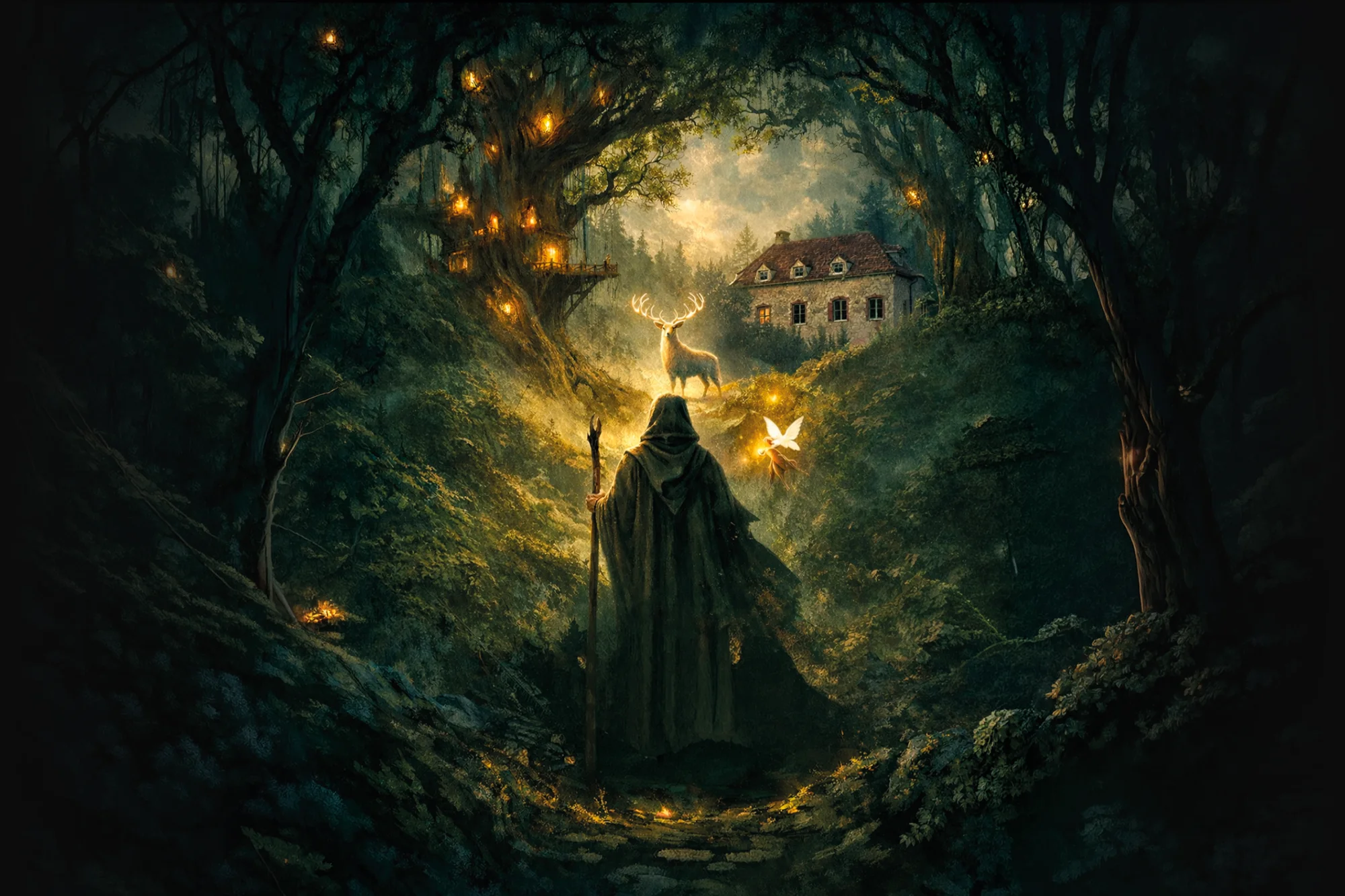 Décor fantastique de la chambre La Forêt de Tuilwyn inspiré d’un univers de fantaisie au gîte La Tuilerie du Cinéaste