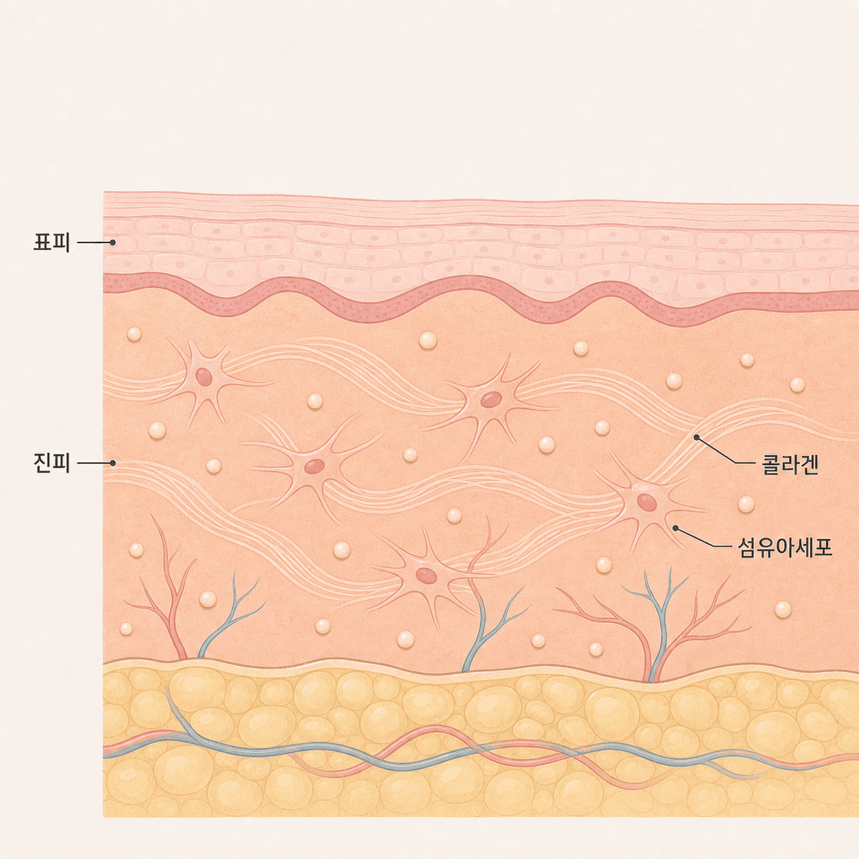 진피 안 섬유아세포가 자극받아 콜라겐 섬유를 만드는 단면