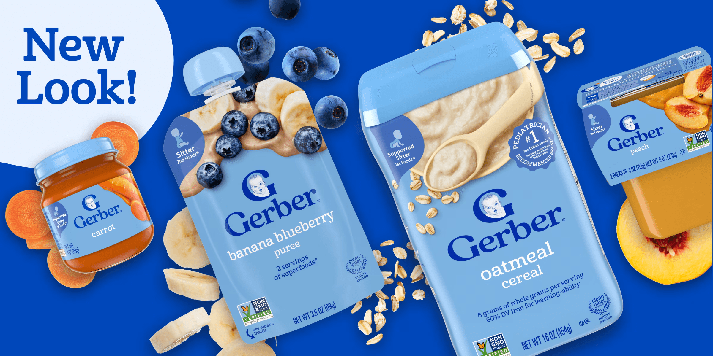 Gerber New Look graphic with carrot jar, banana blueberry pouch, oatmeal cereal tub, and peach tubs with fruit.