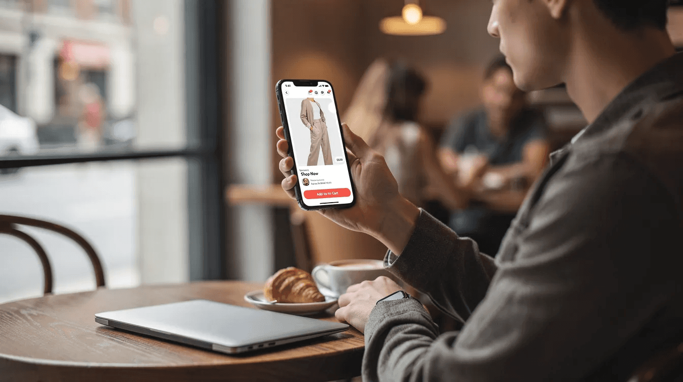 A person is sitting at a cafe, browsing a fashion e commerce store on their smartphone, surrounded by a cosy atmosphere with coffee cups and tables. This scene captures the essence of modern consumer behaviour in the digital age, highlighting the intersection of fashion and technology.