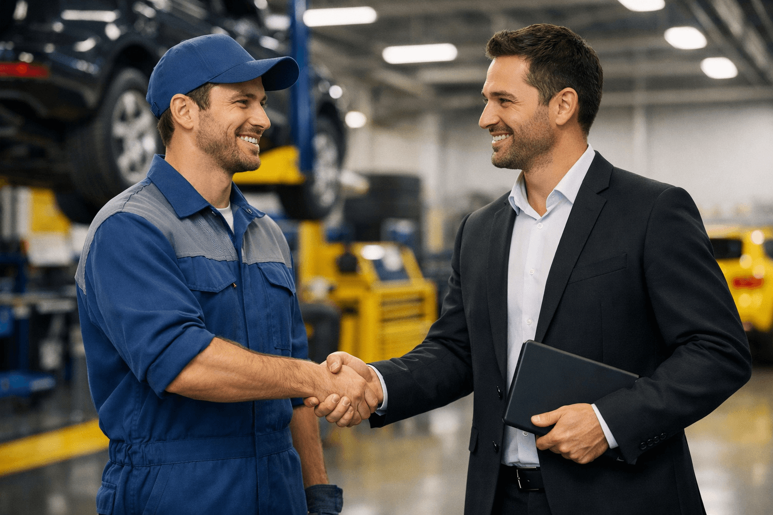 Homem mecânico em um autocenter apertando a mão de um vendedor de terno que segura um tablet, ambos sorrindo, representando parceria comercial, negociação B2B e fechamento de negócio no setor automotivo.