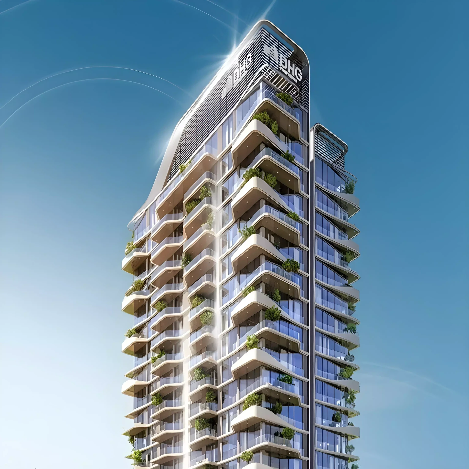 The Helvetia Verde tower rises prominently at Dubai marina, surrounded by water and city skyline
