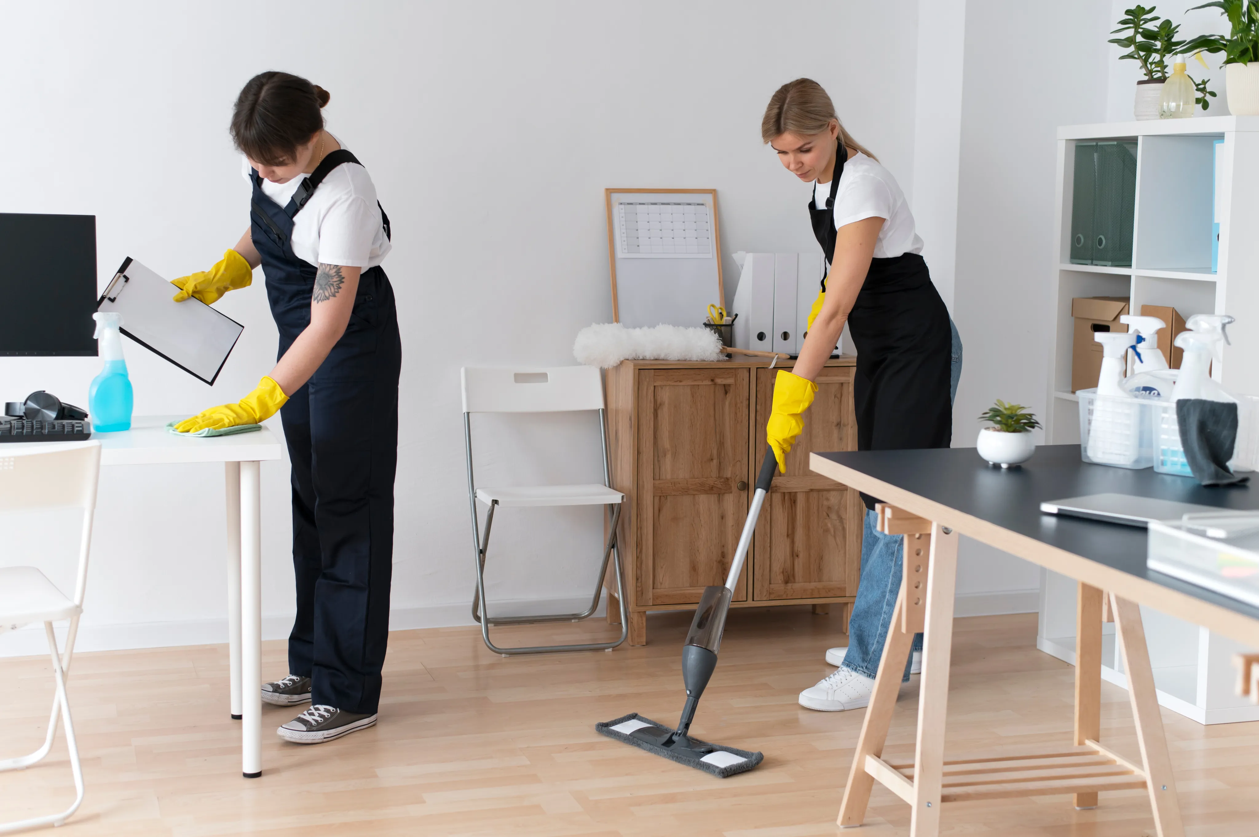 Two professional cleaners in black aprons and yellow gloves deep cleaning an office space with a mop and microfiber cloth.