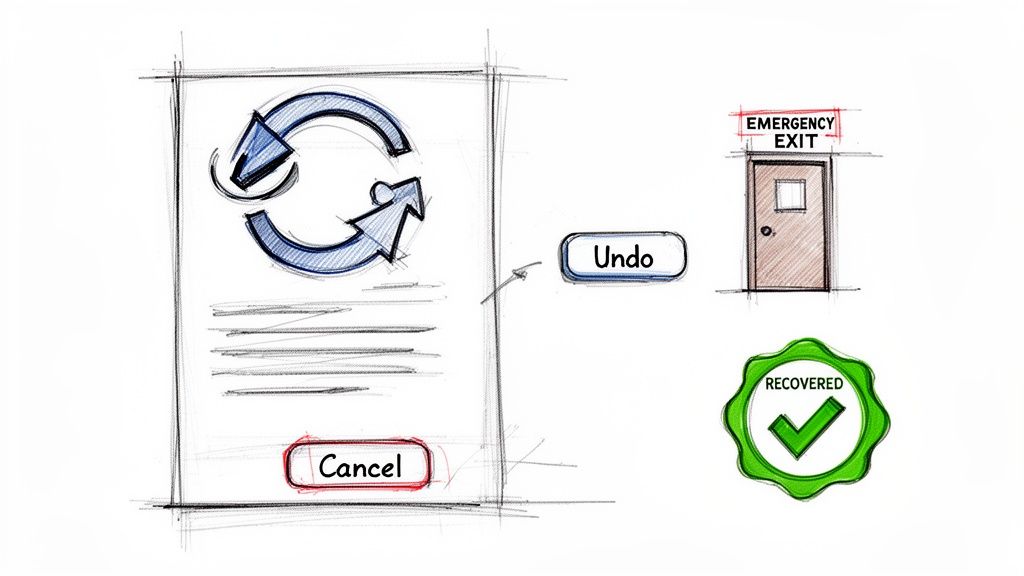 Hand-drawn UI/UX elements: a refresh/undo icon, Cancel button, Undo button, Emergency Exit, and Recovered badge.